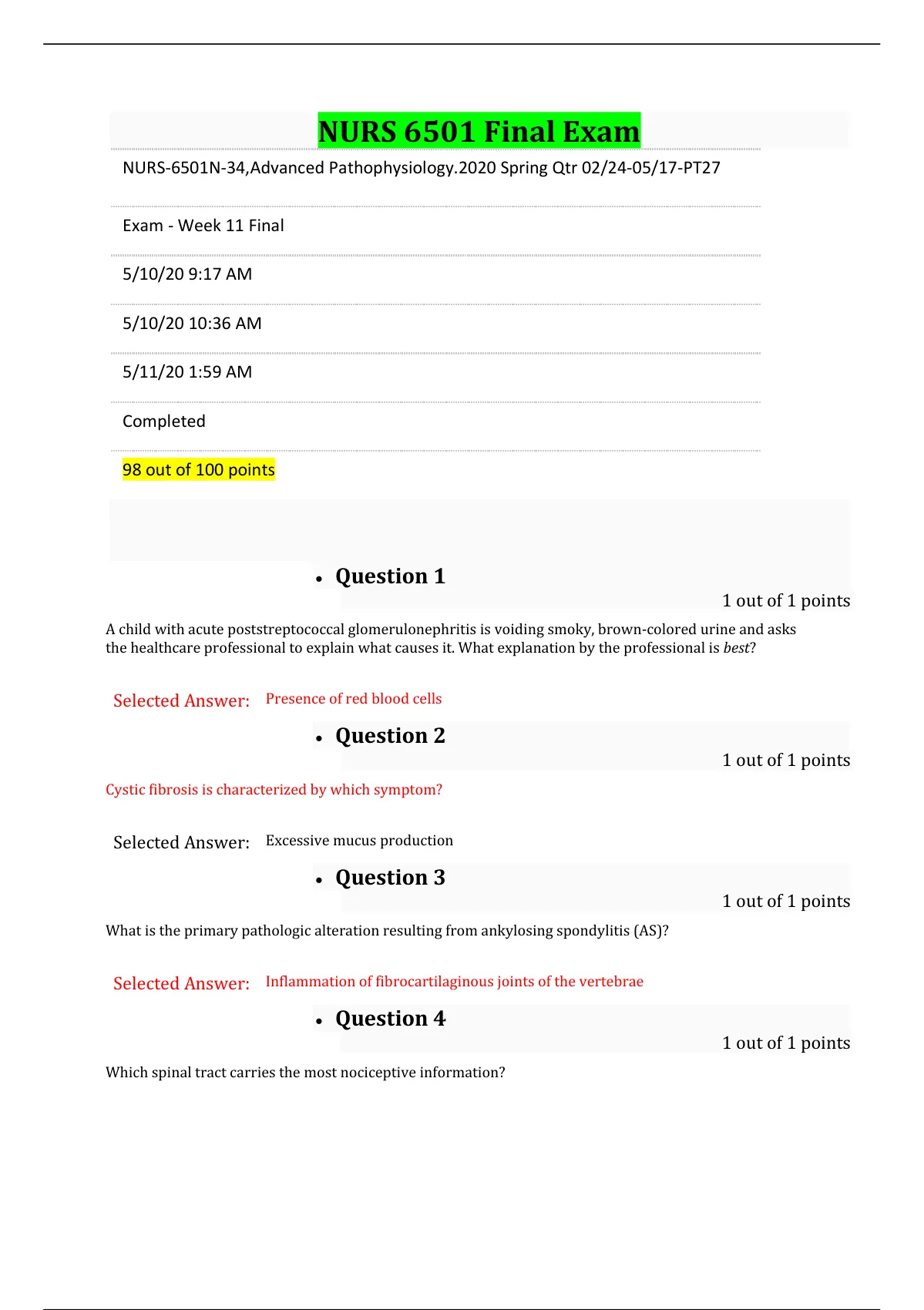 NURS 6501 Final Exam 4 Versions Latest 2020 2021 NURS 6501 Midterm