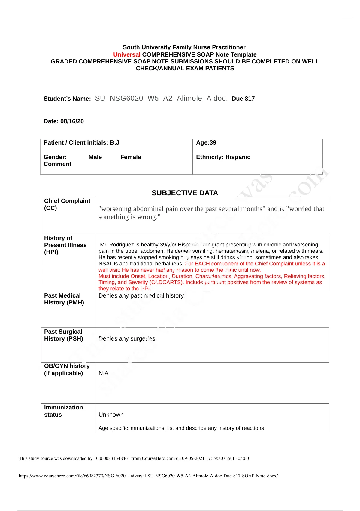 COMPREHENSIVE SOAP Note Template GRADED COMPREHENSIVE SOAP NOTE