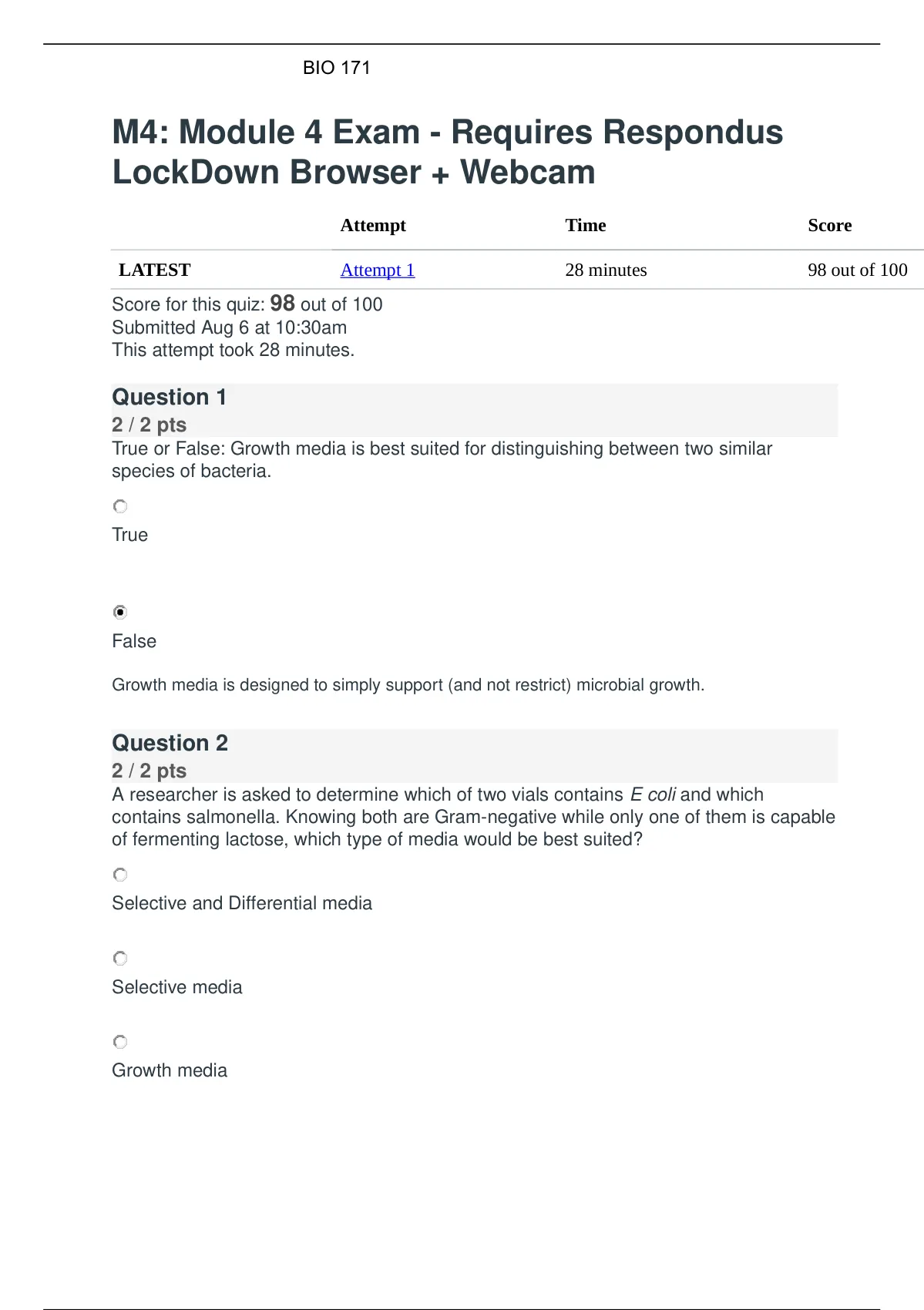 BIO 171 Module 4 Exam GRADED A Questions Answers Microbiology