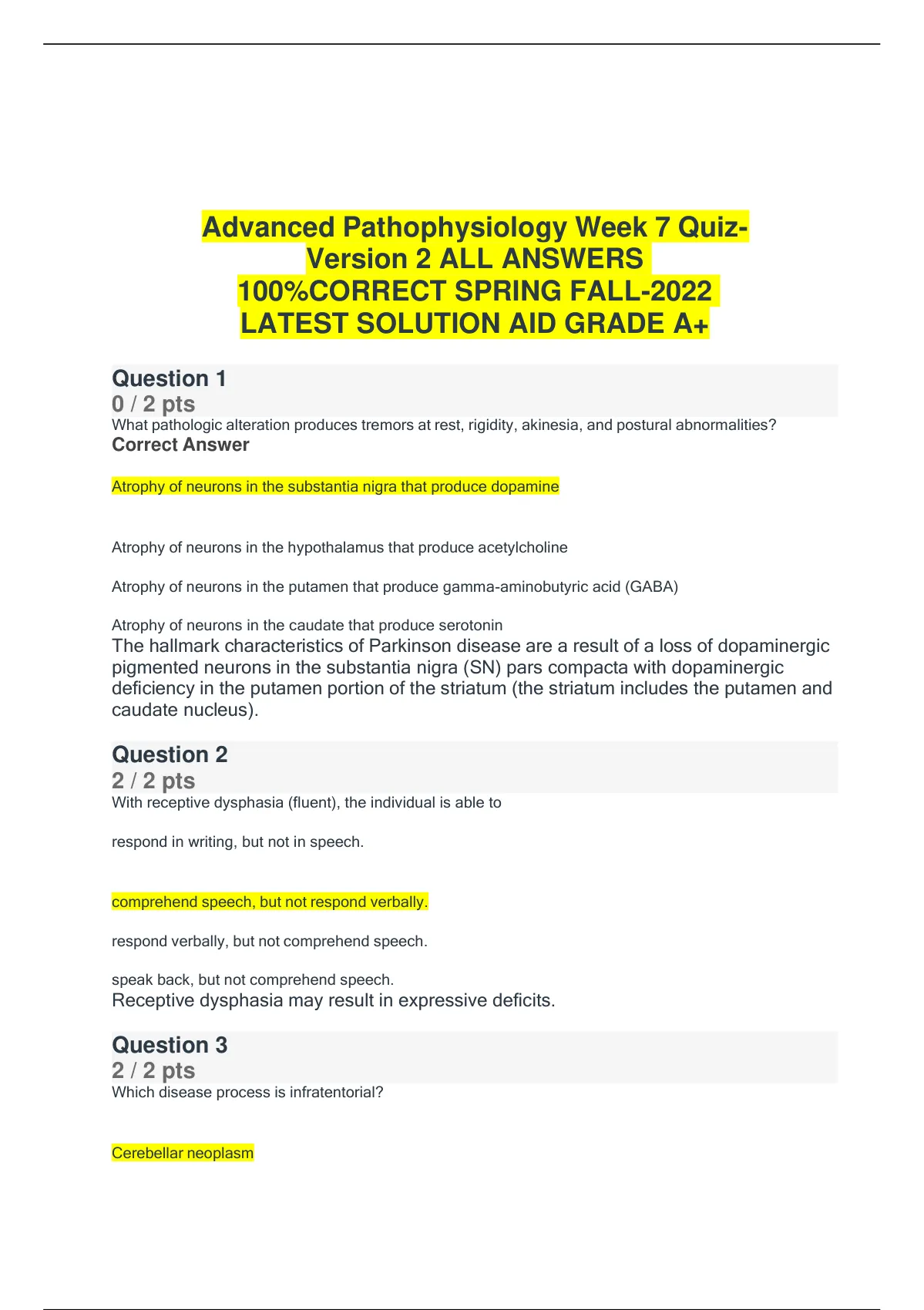 Advanced Pathophysiology Week 7 QuizVersion 2 ALL ANSWERS 100 CORRECT