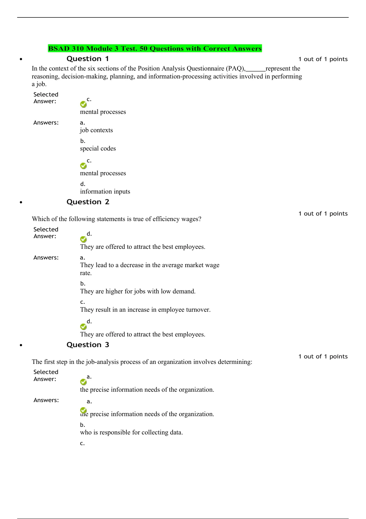 BSAD 310 Module 3 Test 50 Questions With Correct Answers BSAD 310