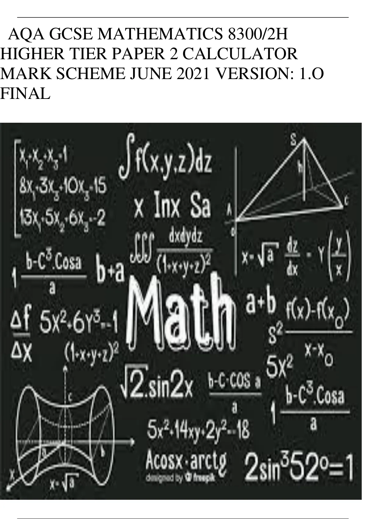 Aqa Gcse Mathematics H Higher Tier Paper Calculator Mark Scheme