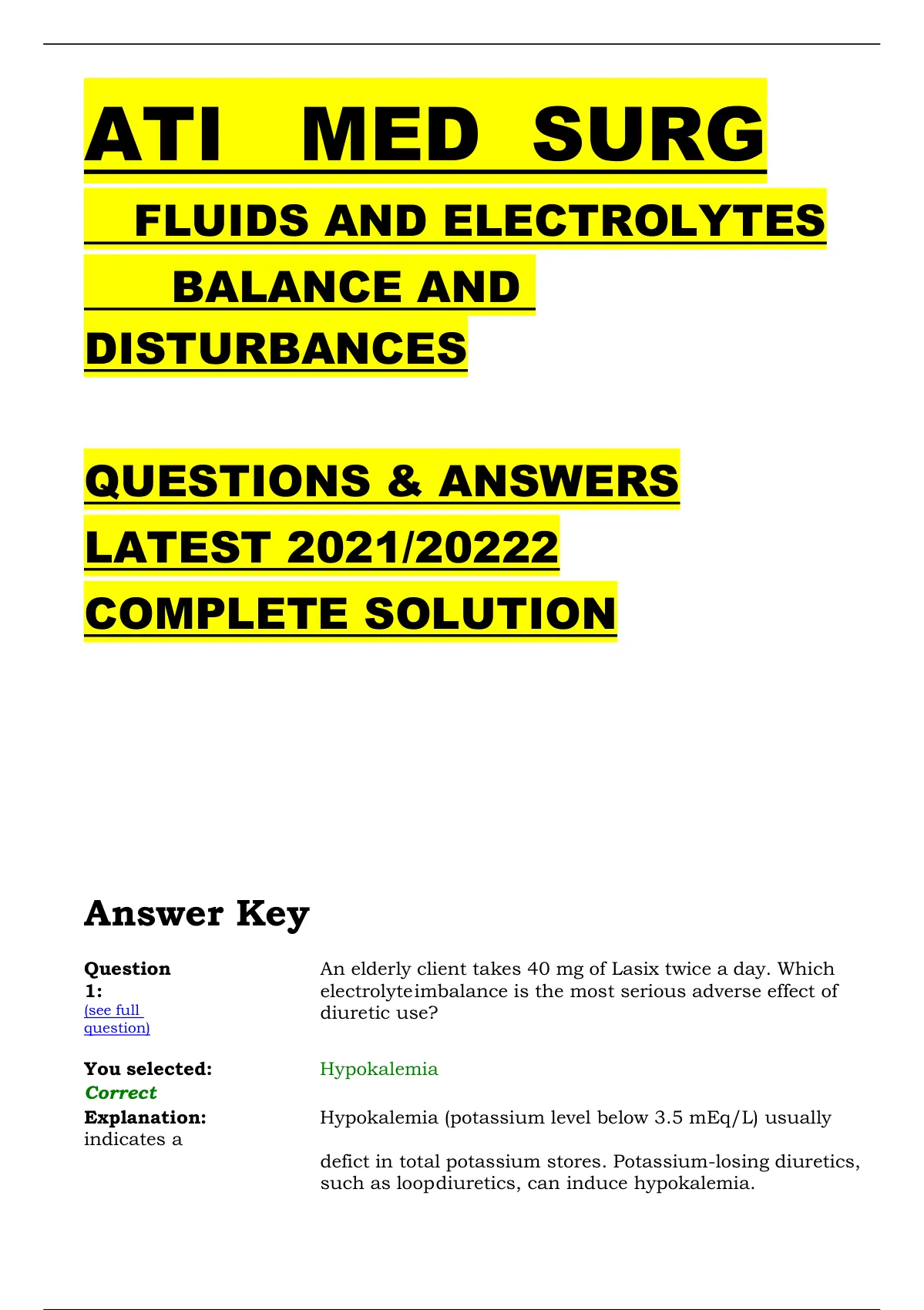 Ati Med Surg Test Questions Fluid And Electrolytes Balance And