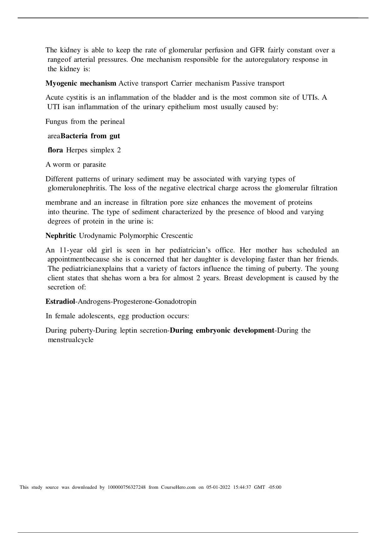 Nsg Week Knowledge Check Quiz Advanced Pathophysiology South