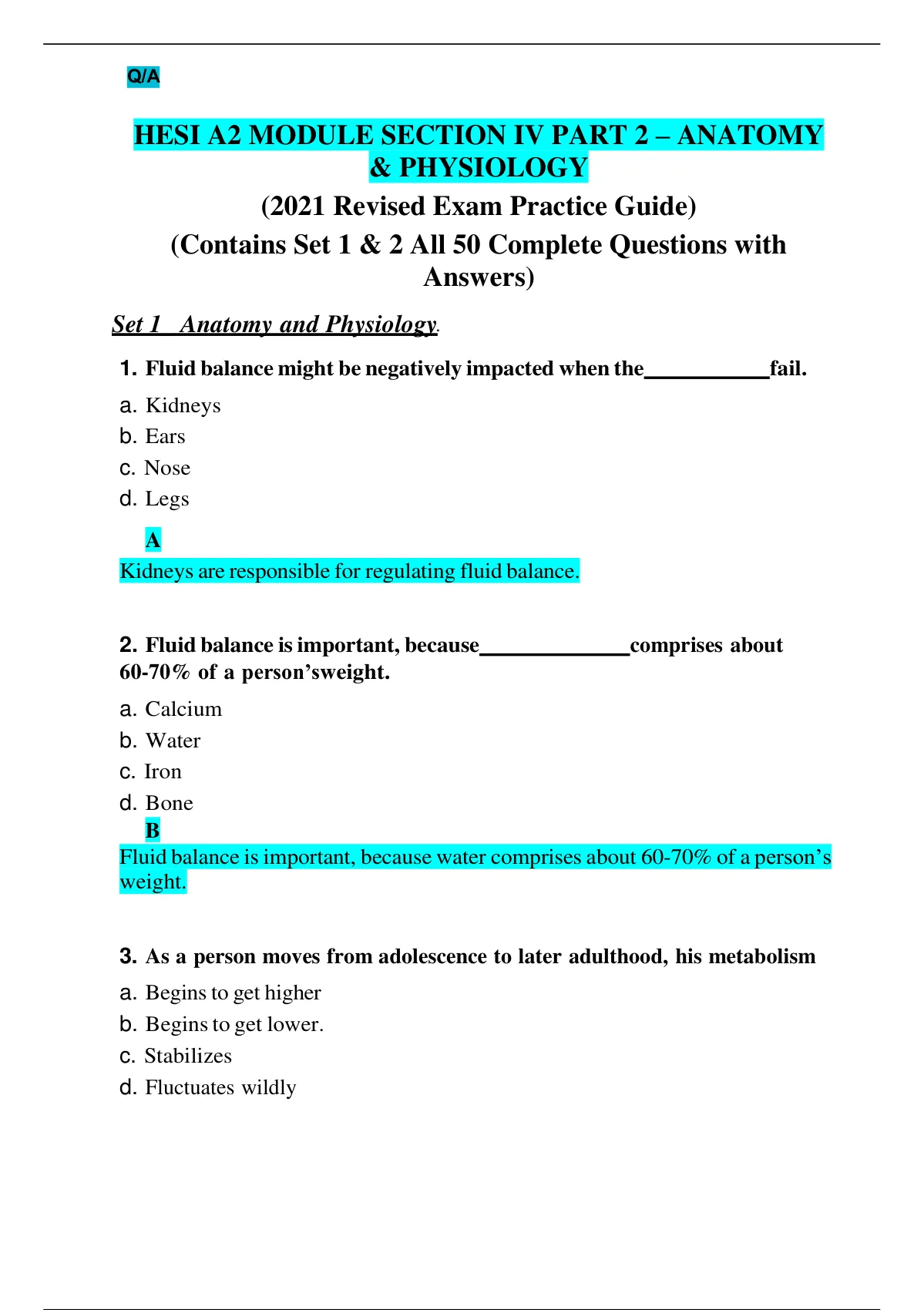 HESI A2 MODULE SECTION IV PART 2 ANATOMY PHYSIOLOGY 2021 Revised