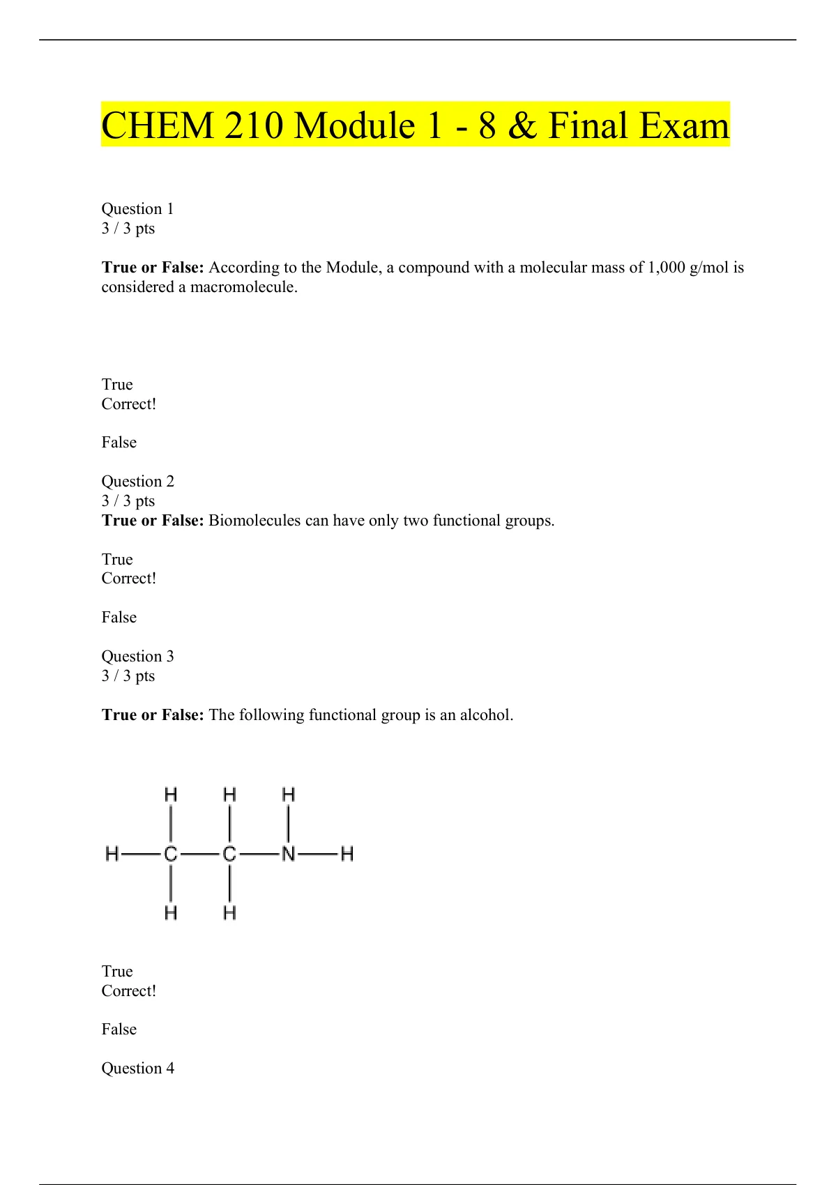 CHEM 210 Module 1 8 Exams Final Exam Questions And Answers 2022