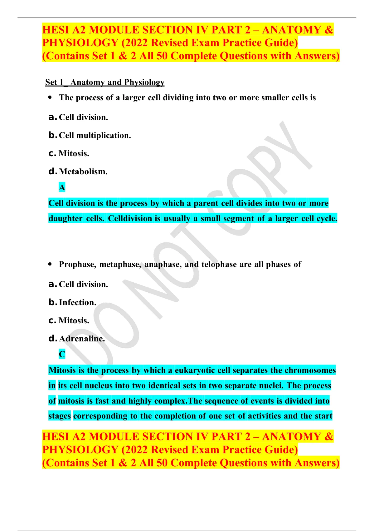 HESI A2 MODULE SECTION IV PART 2 ANATOMY PHYSIOLOGY 2022 Revised