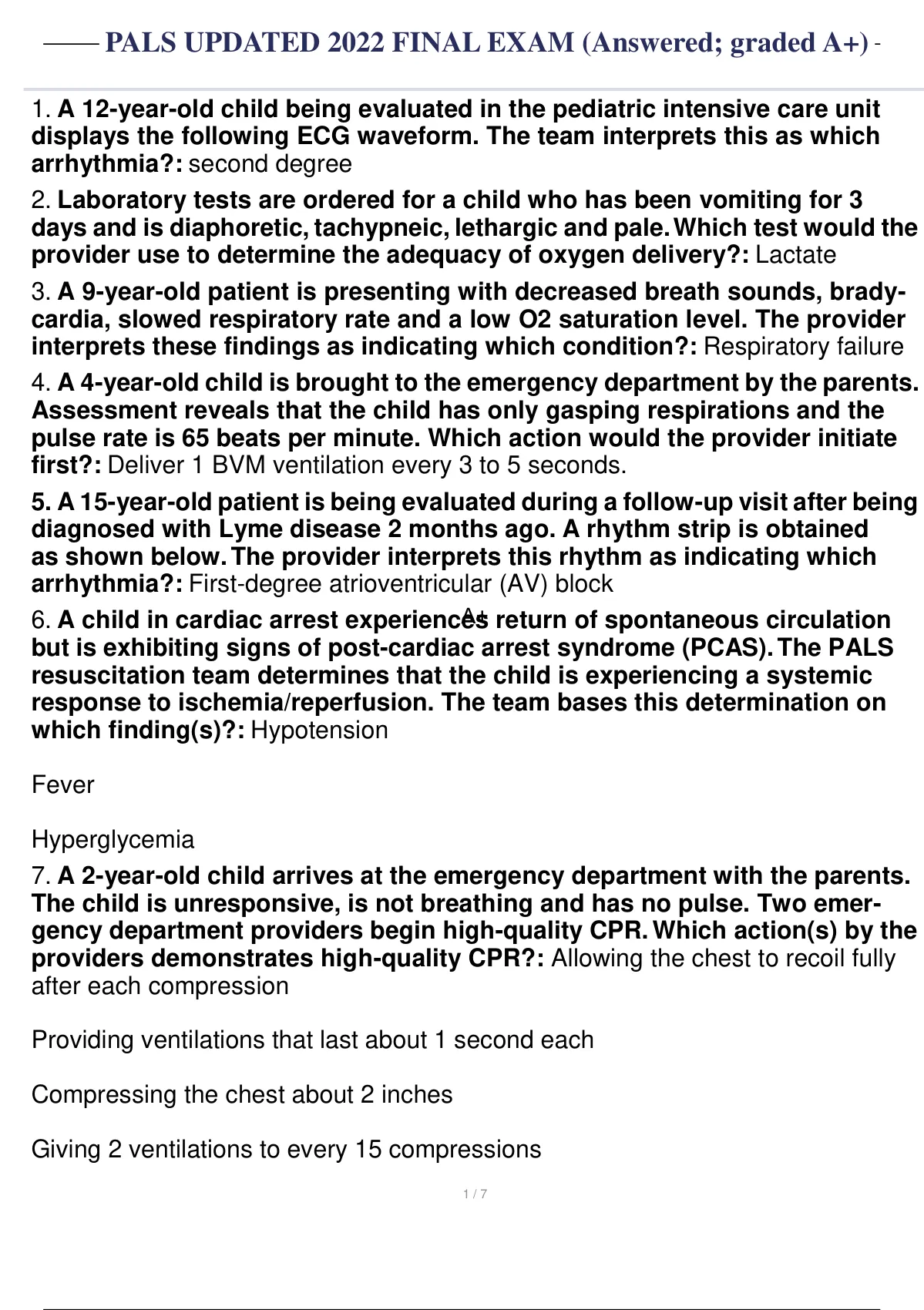 Pals Pediatric Advanced Life Support Exam Bundled Exam All Graded A