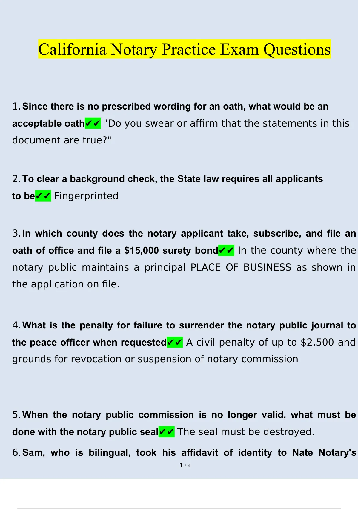 California Notary Public Practice Exam Questions And Answers