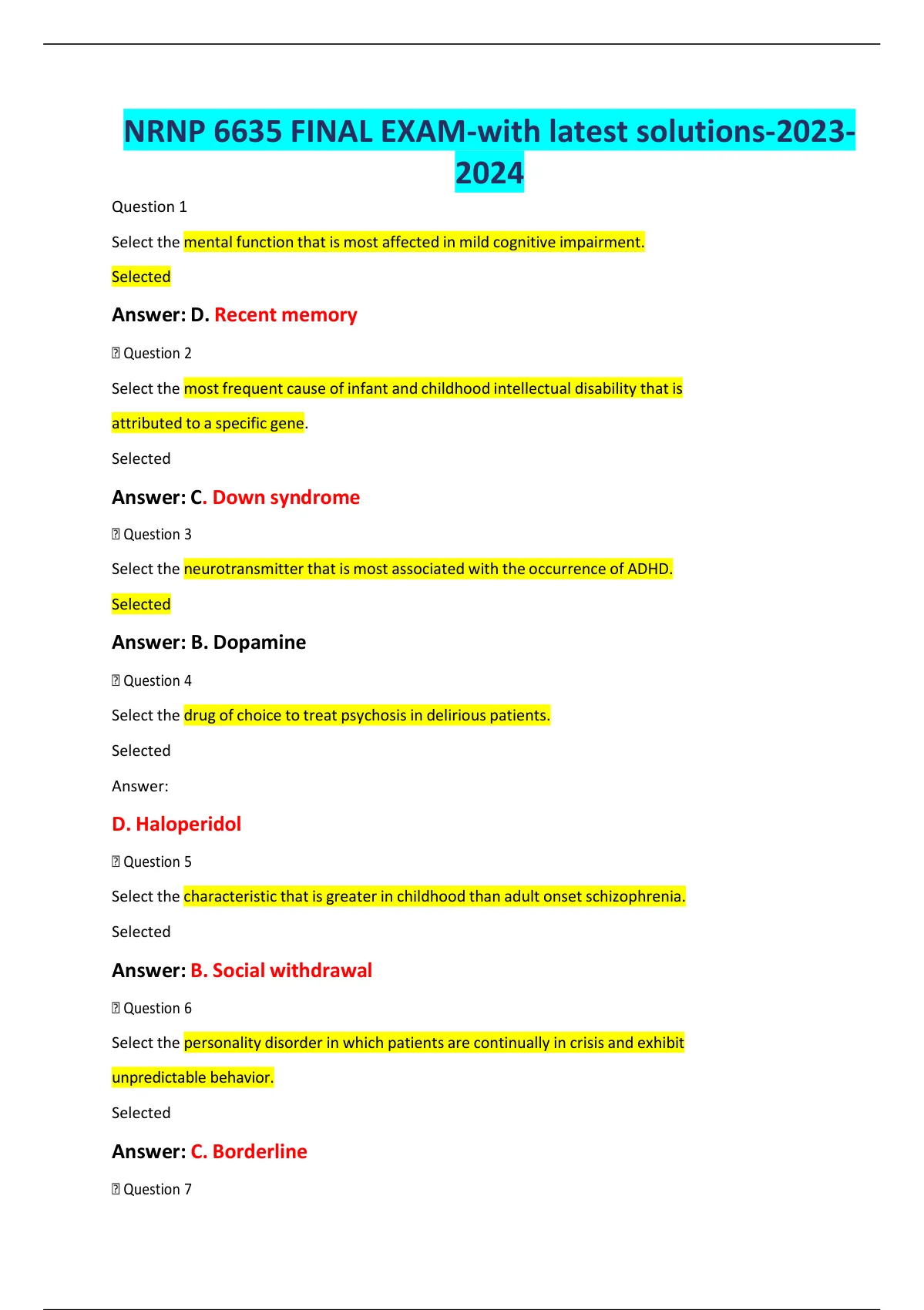 NRNP 6635 FINAL EXAM With Latest Solutions NRNP 6635 NRNP6635