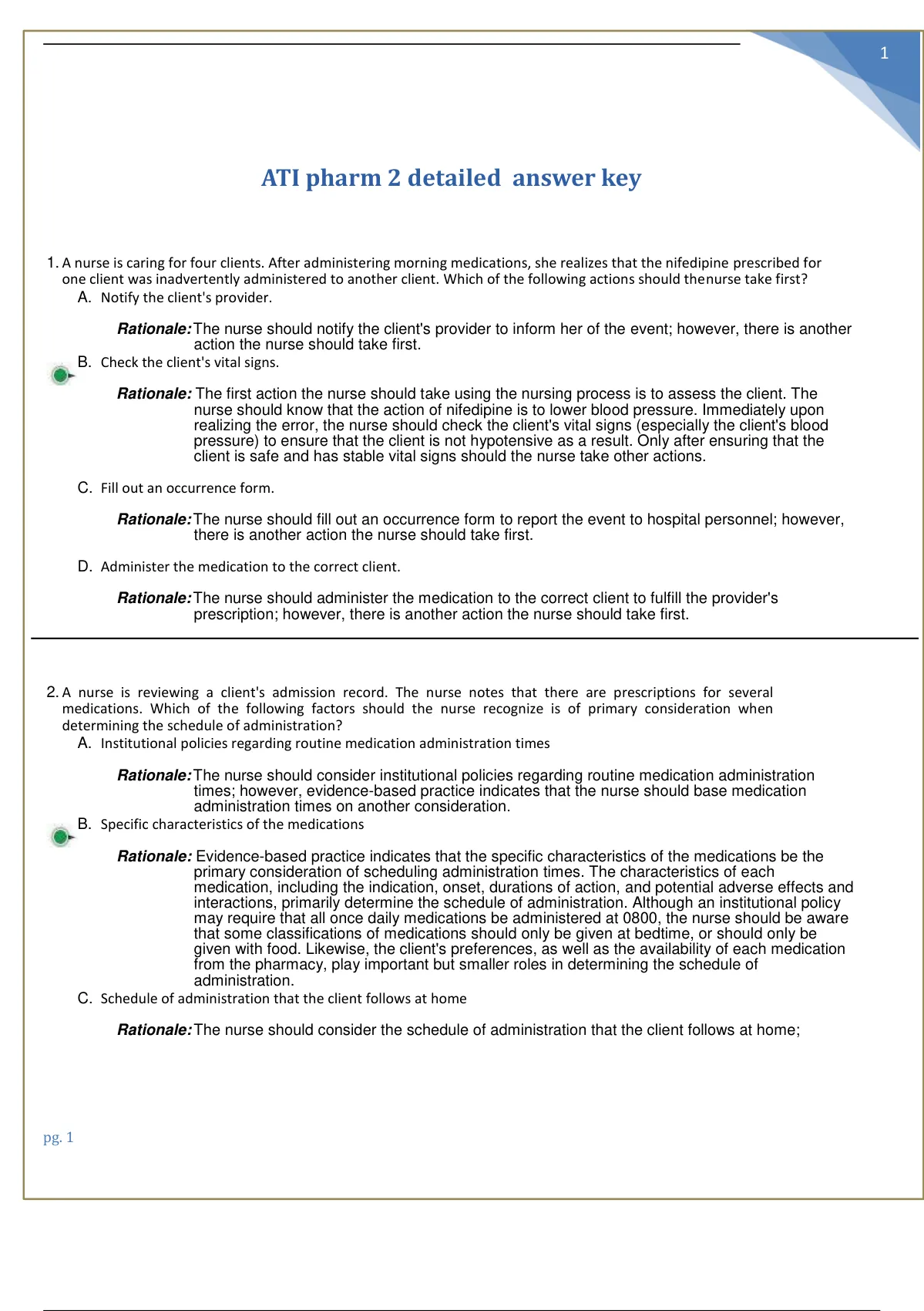 ATI Pharm 2 Detailed Answer Key With Rationales Complete Solution ATI