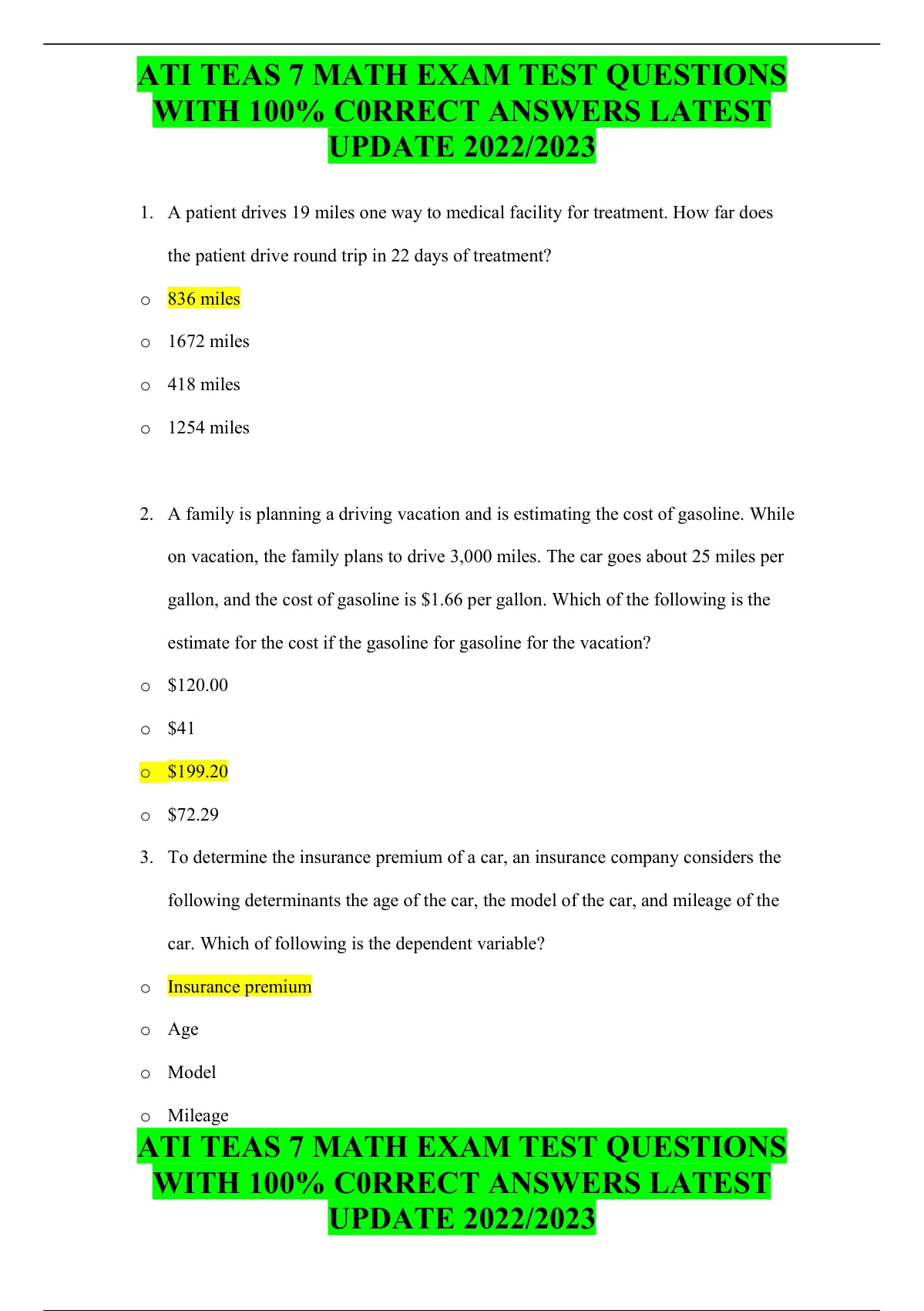 ATI TEAS 7 MATH EXAM TEST QUESTIONS WITH 100 C0RRECT ANSWERS LATEST