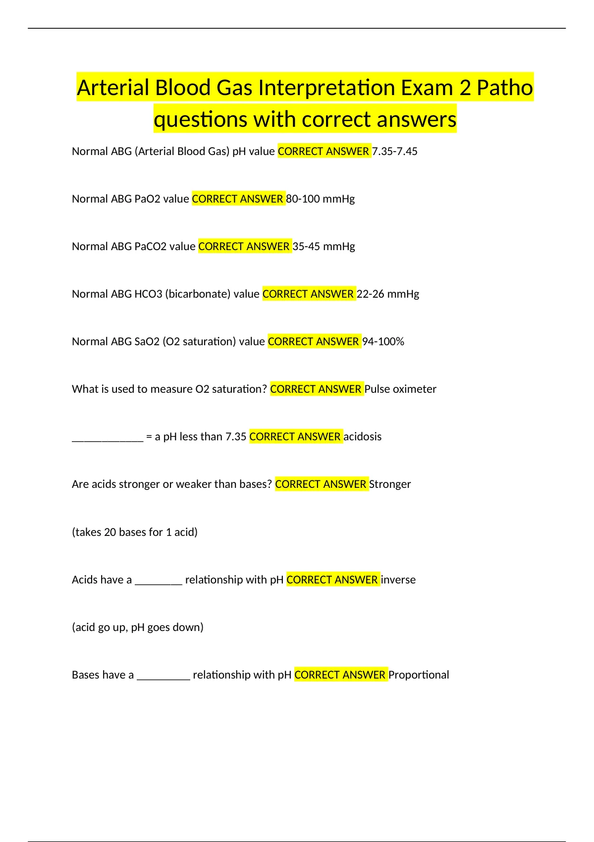 Arterial Blood Gas Interpretation Exam Patho Questions With Correct