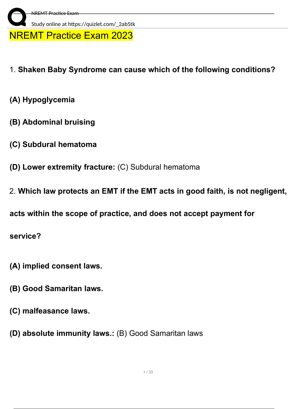 NREMT Practice Exam Questions And Answers 2022 2023 Verified Answers