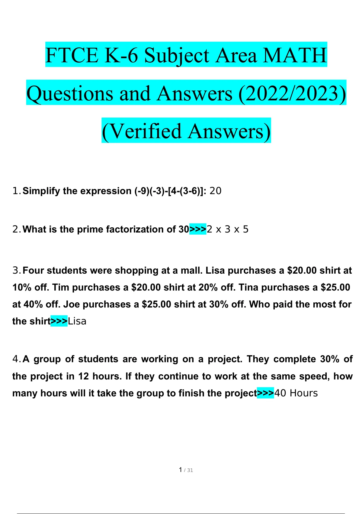 Ftce K 6 FINAL EVERYTHING Subject Area MATH Questions And Answers 2022