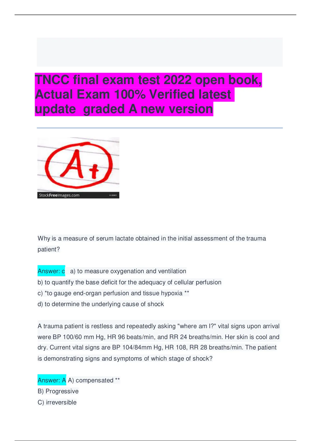 Tncc Final Exam Test Open Book Actual Exam Verified Latest