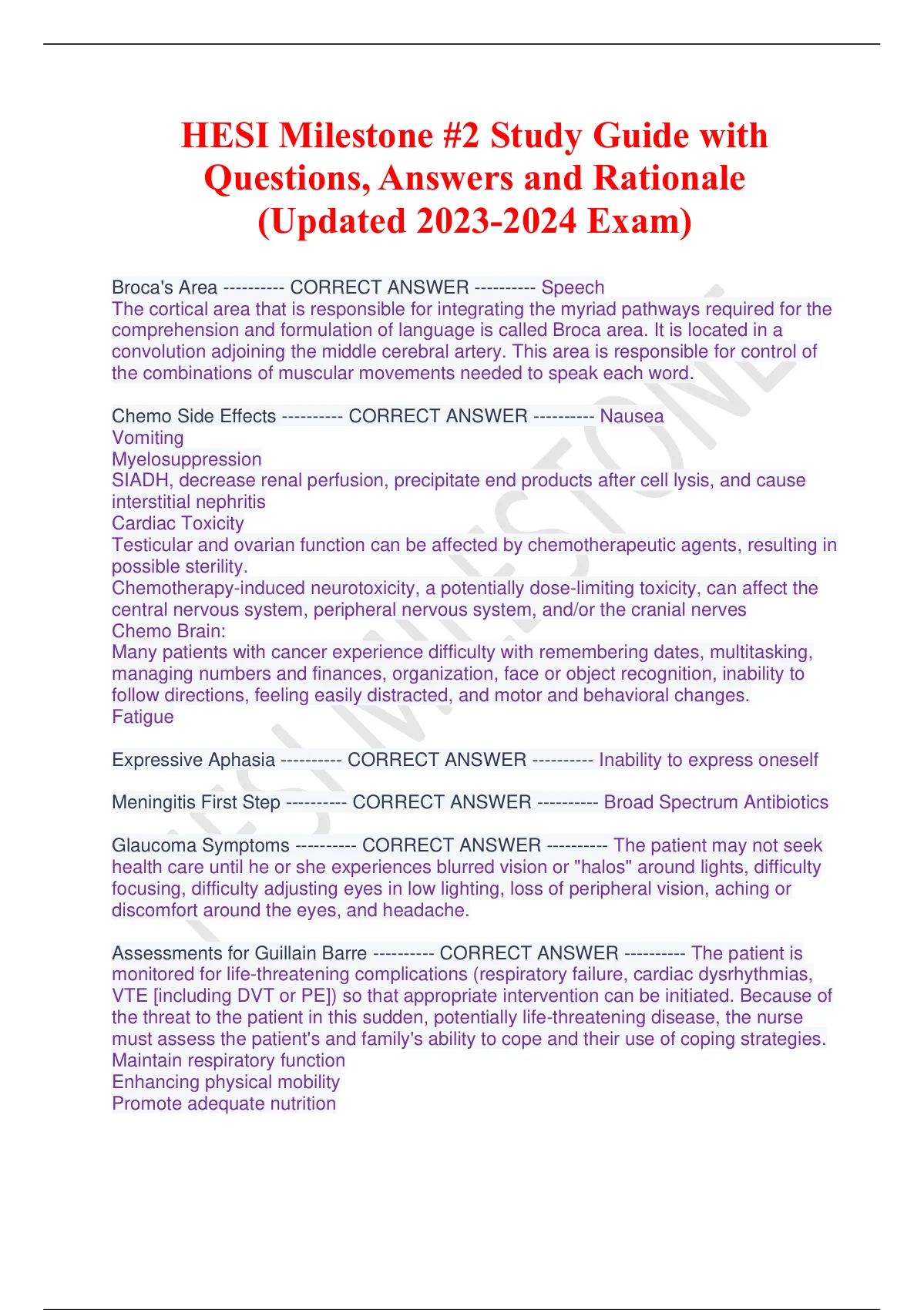 HESI Milestone 2 Study Guide With Questions Answers And Rationale