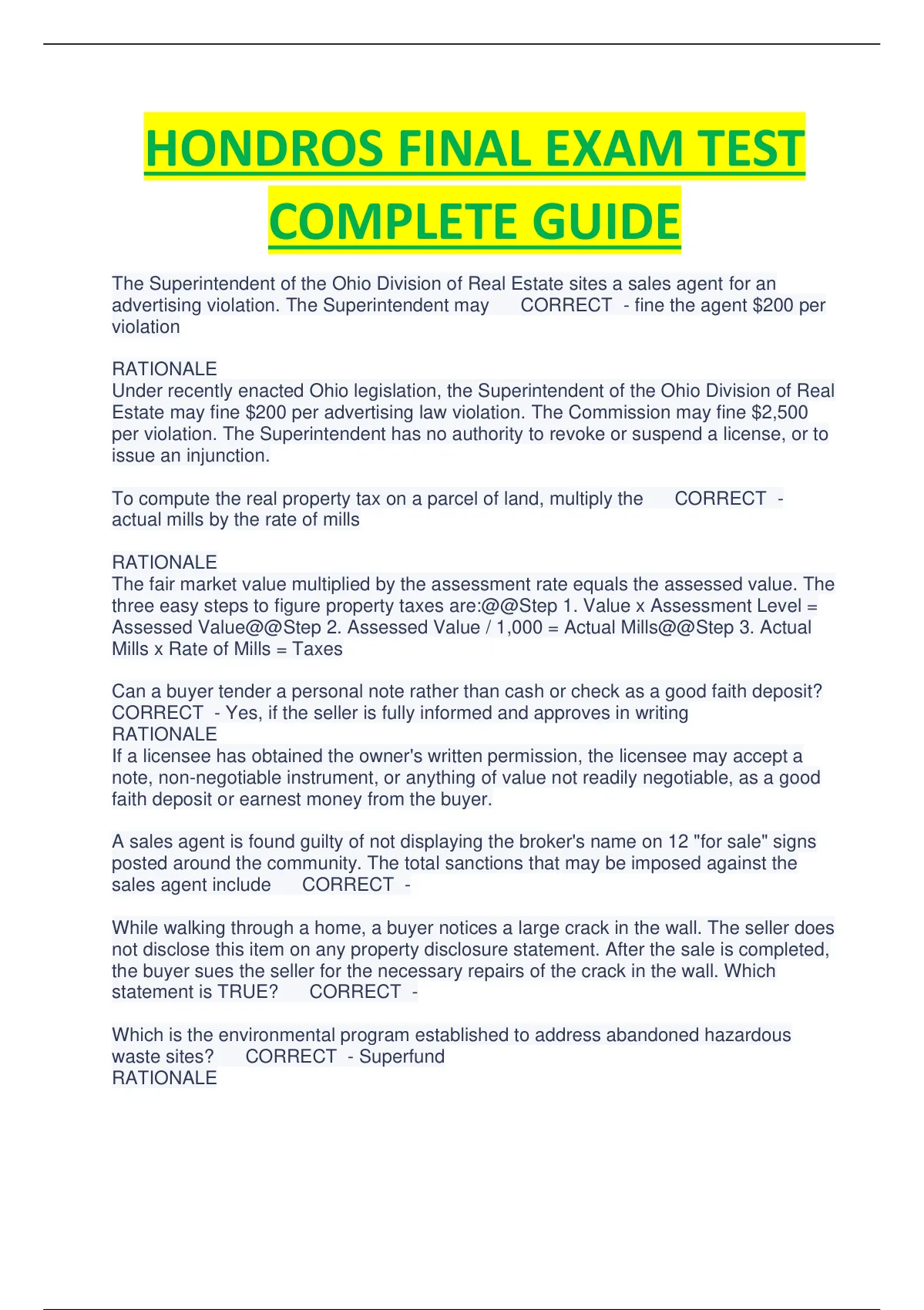 Hondros Final Exam Test Complete Guide With Rationales Complete