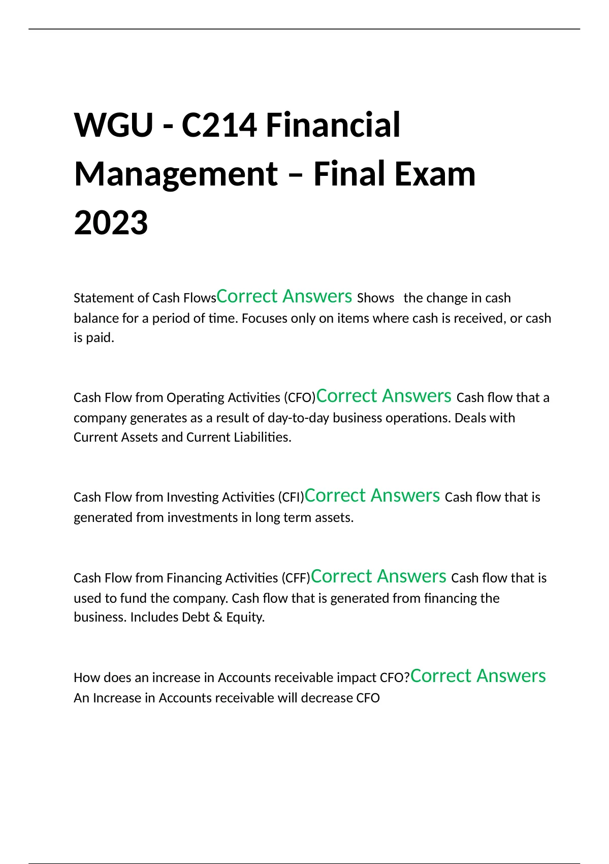 WGU C214 Financial Management Pass The OA With Grade A Combined