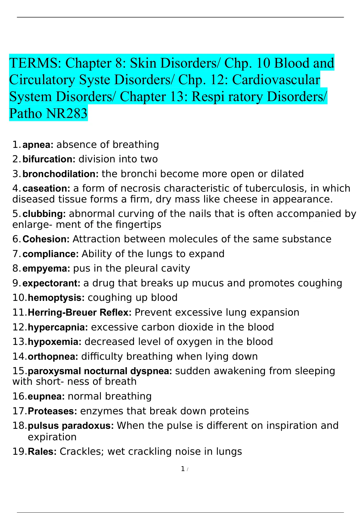 NR283 Patho TERMS Chapter 8 Skin Disorders Chp 10 Blood And