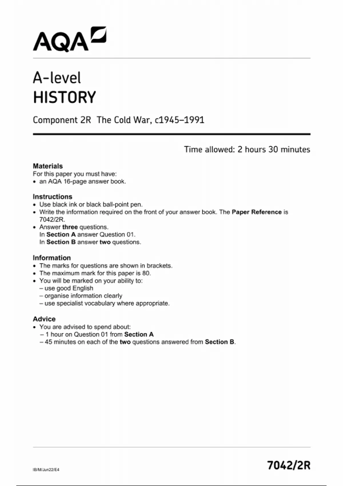 Aqa A Level History The Cold War C June Question Paper Aqa