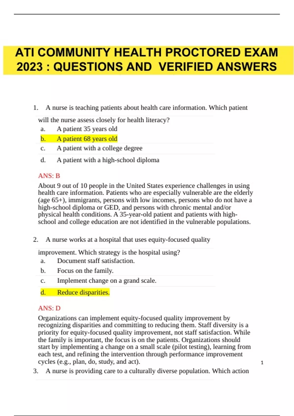 Ati Community Health Proctored Exam Questions And Verified