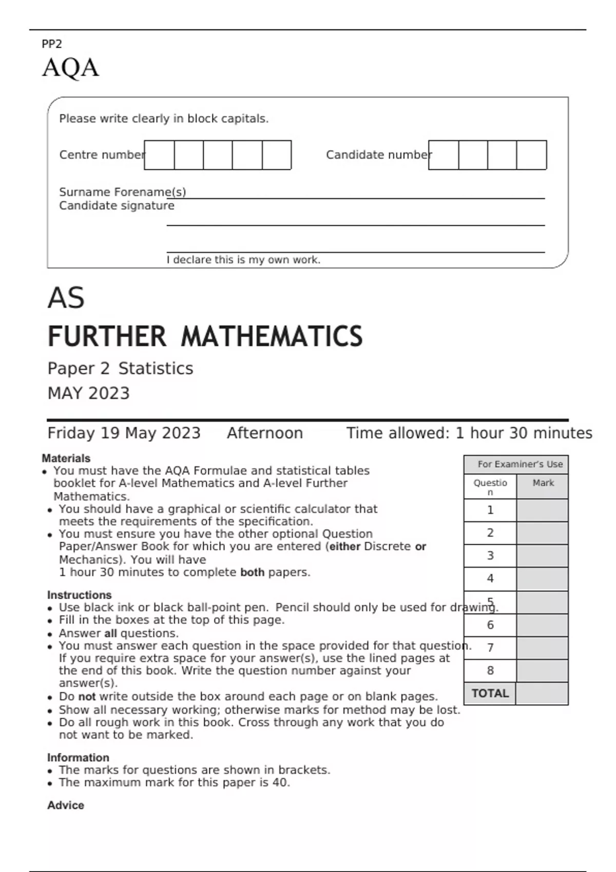 Aqa As Level Further Mathematics Paper May Final Question Paper