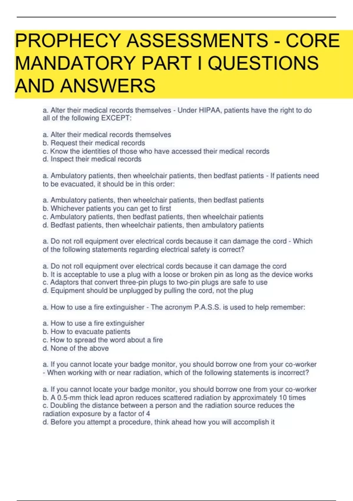 Prophecy Assessments Core Mandatory Part I Questions And Answers