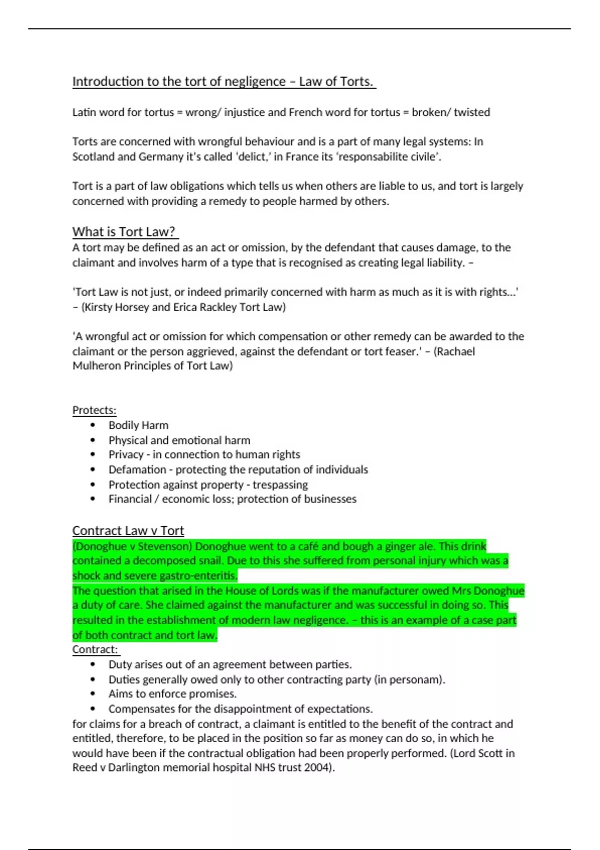 Lecture Notes Introduction To The Tort Of Negligence Principles Of Tort