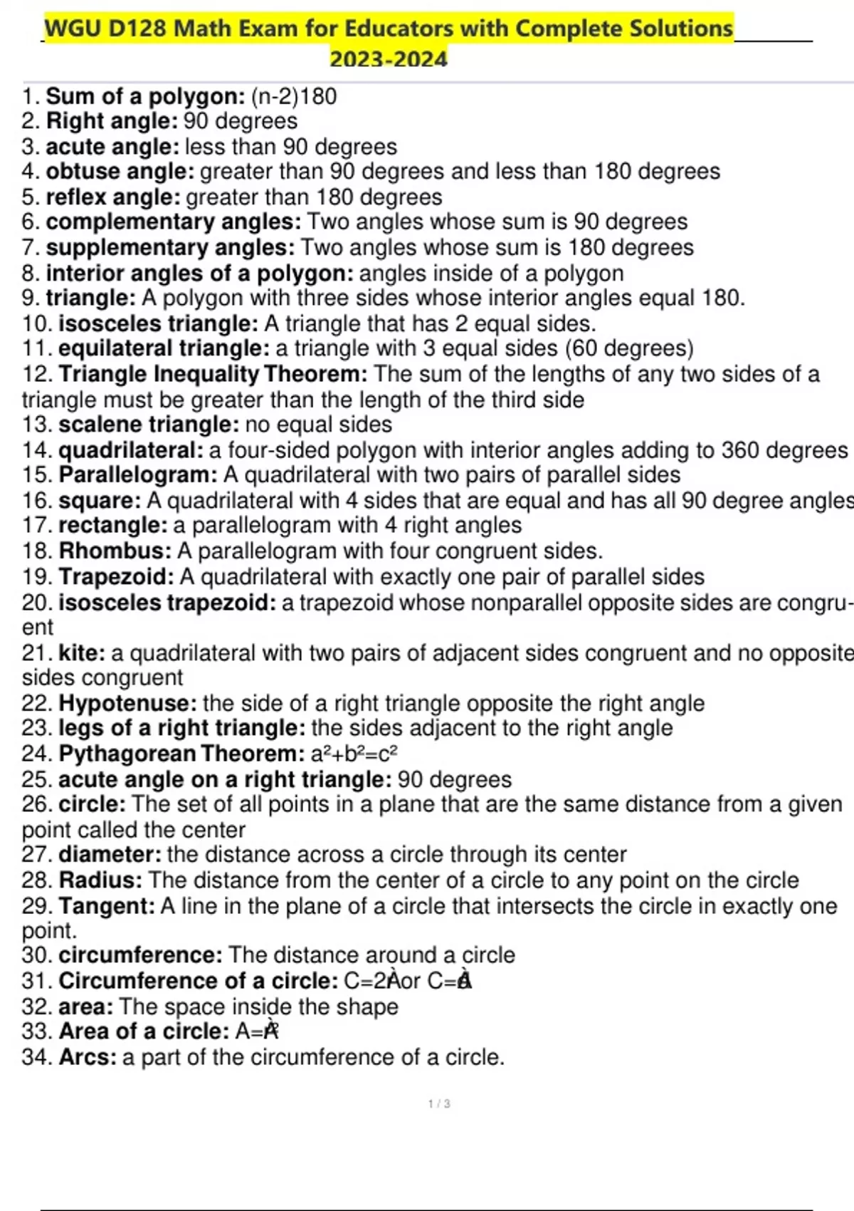 WGU D128 Math Exam For Educators With Complete Solutions WGU D128