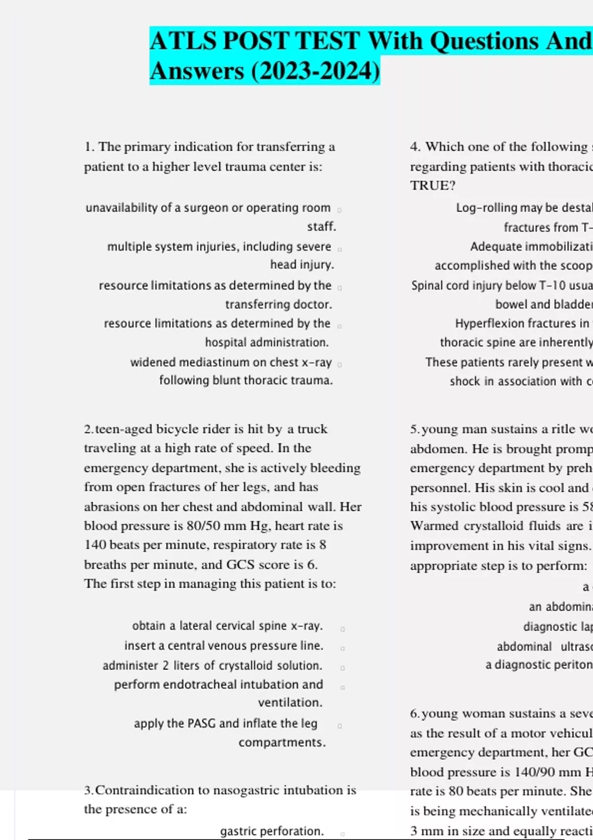 ATLS POST TEST With Questions And Correct Answers ATLS Stuvia US