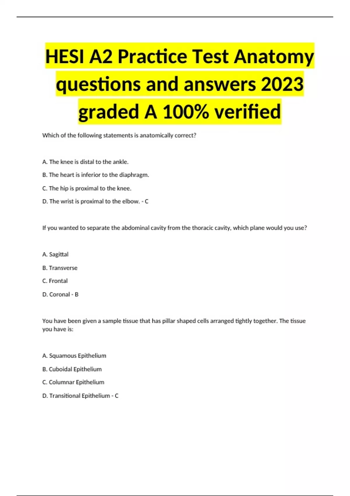 HESI A2 Practice Test Anatomy Questions And Answers 2023 Graded A 100