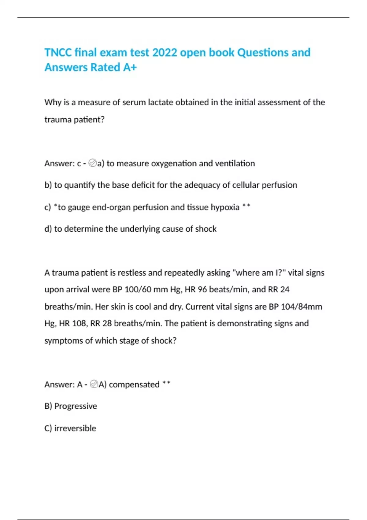 Tncc Final Exam Test Open Book Questions And Answers Rated A