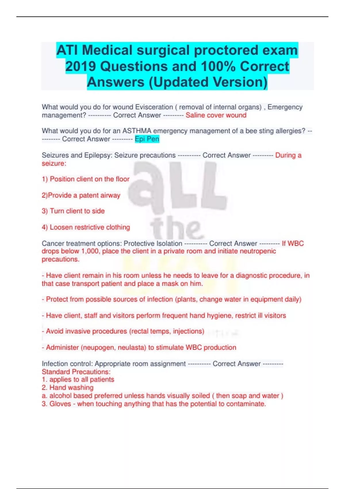 ATI Medical Surgical Proctored Exam 2019 Questions And 100 Correct