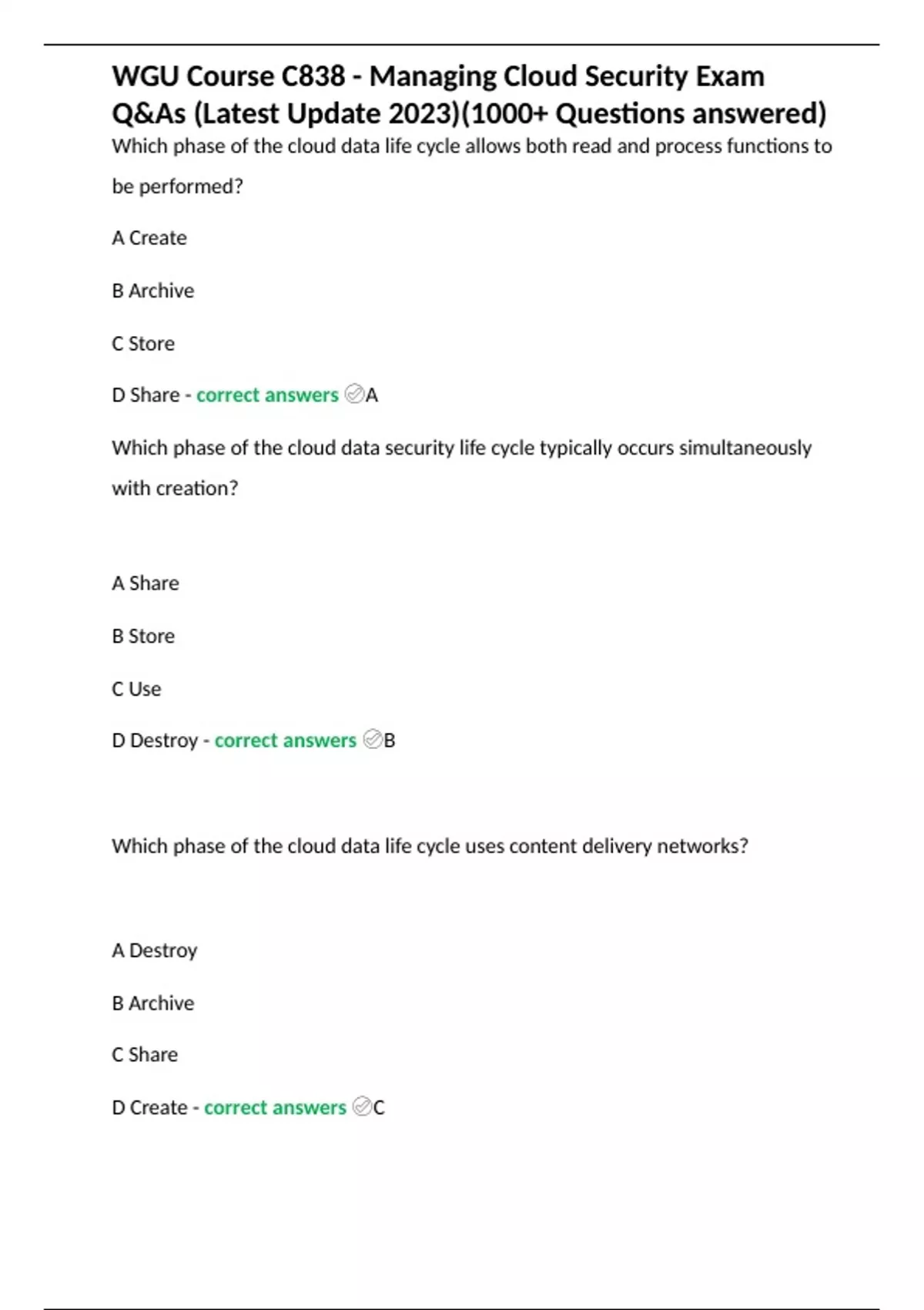 WGU Course C838 Managing Cloud Security Exam Q As Latest Update 2023