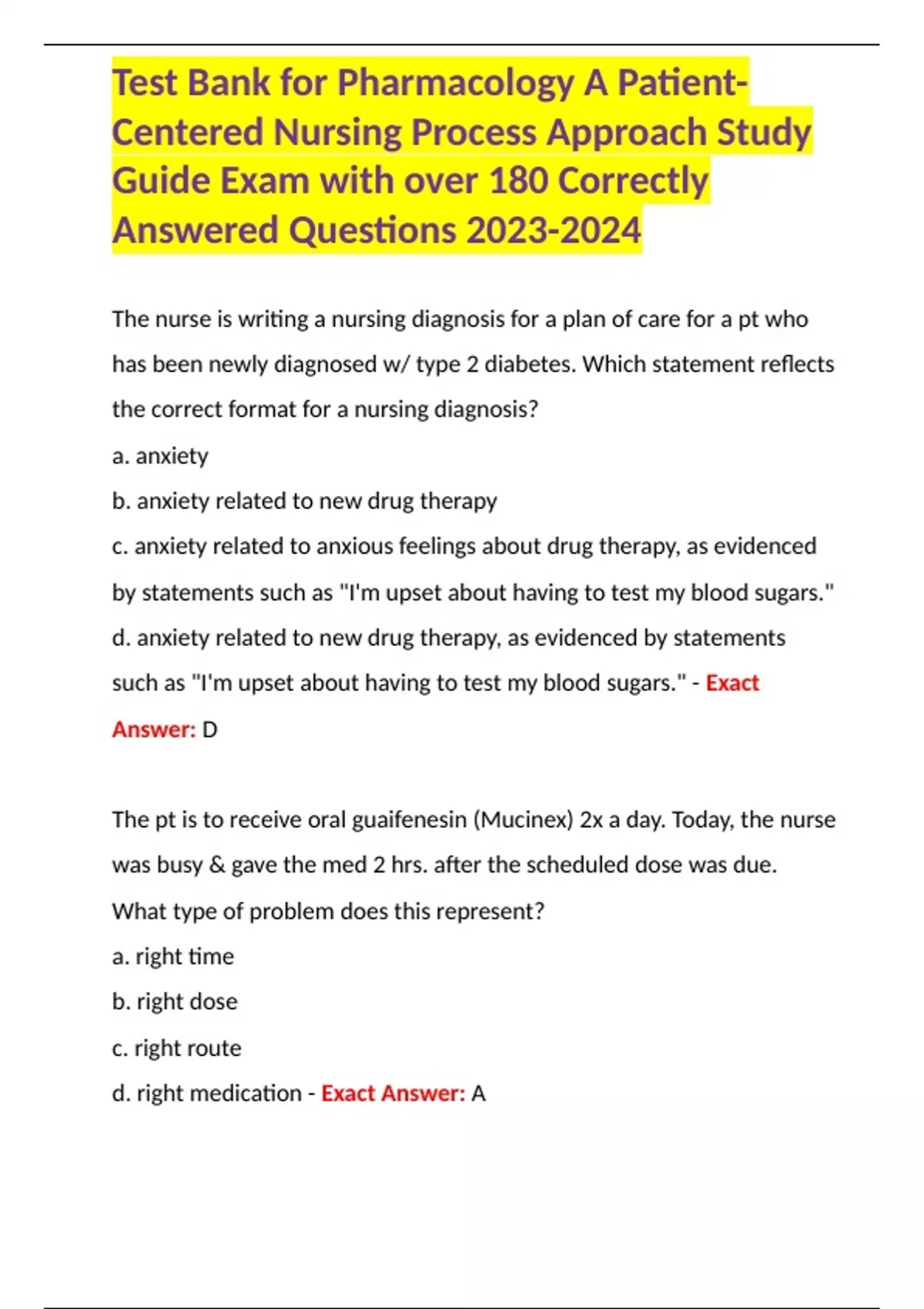 Test Bank For Pharmacology A Patient Centered Nursing Process Approach