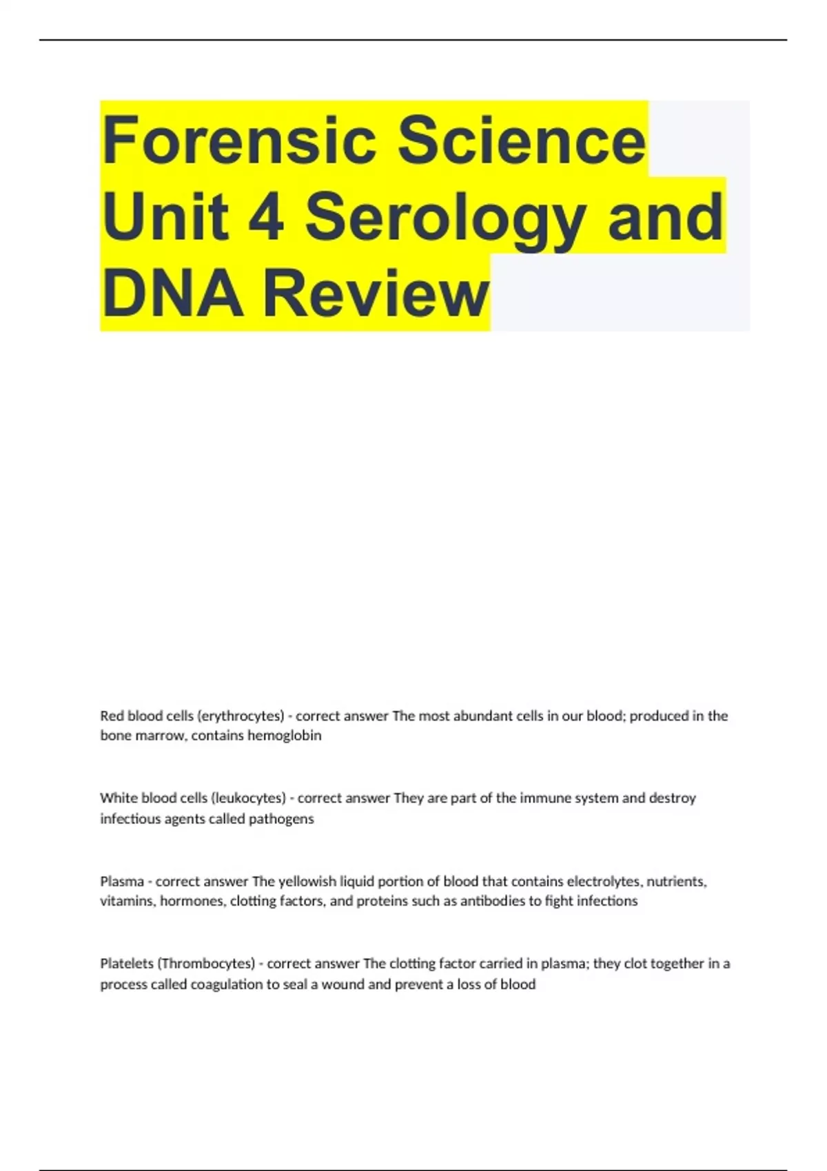 Forensic Science Unit 4 Serology And DNA Review With Correct Answers