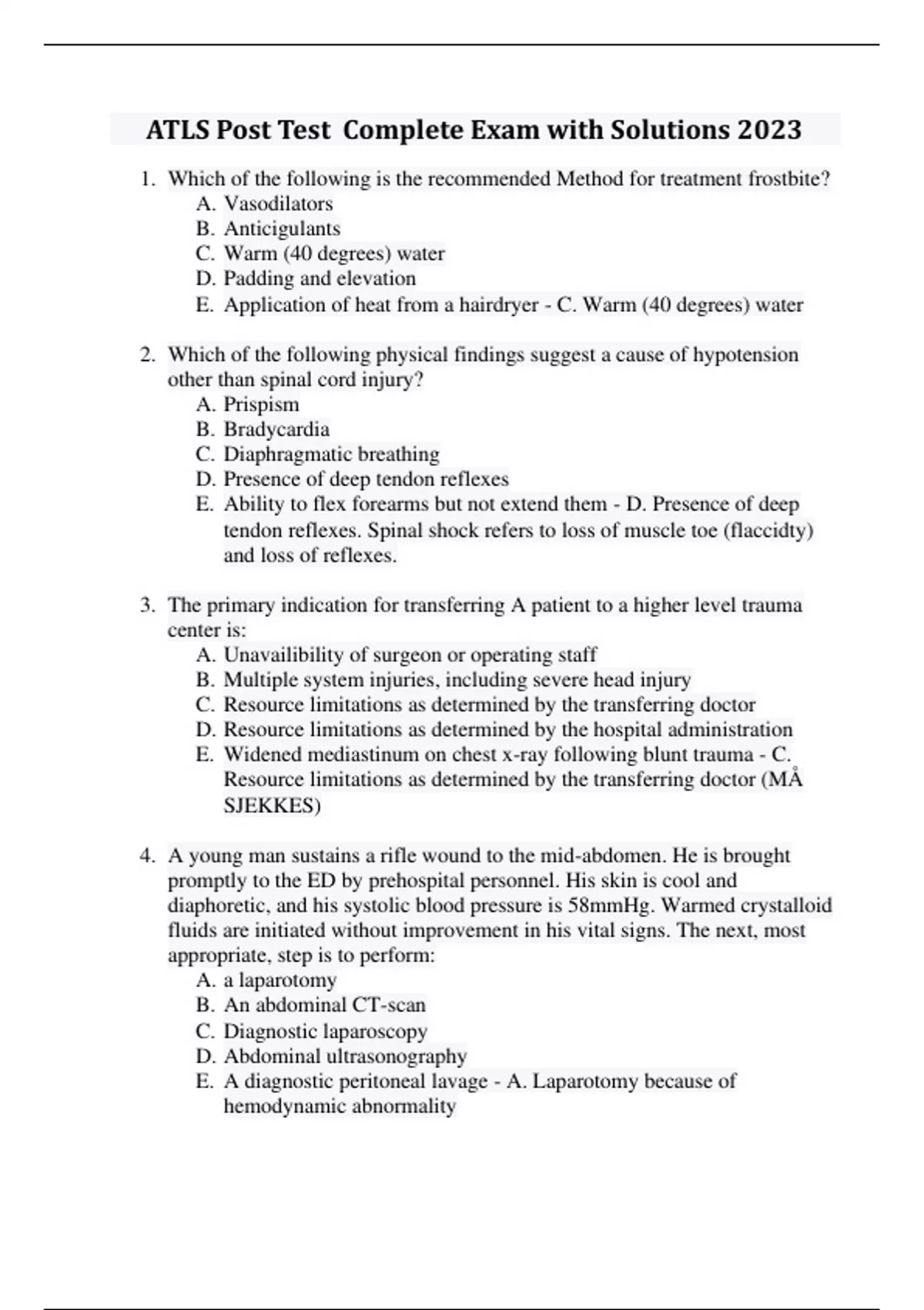 Atls Post Test Complete Exam With Solutions Advanced Life