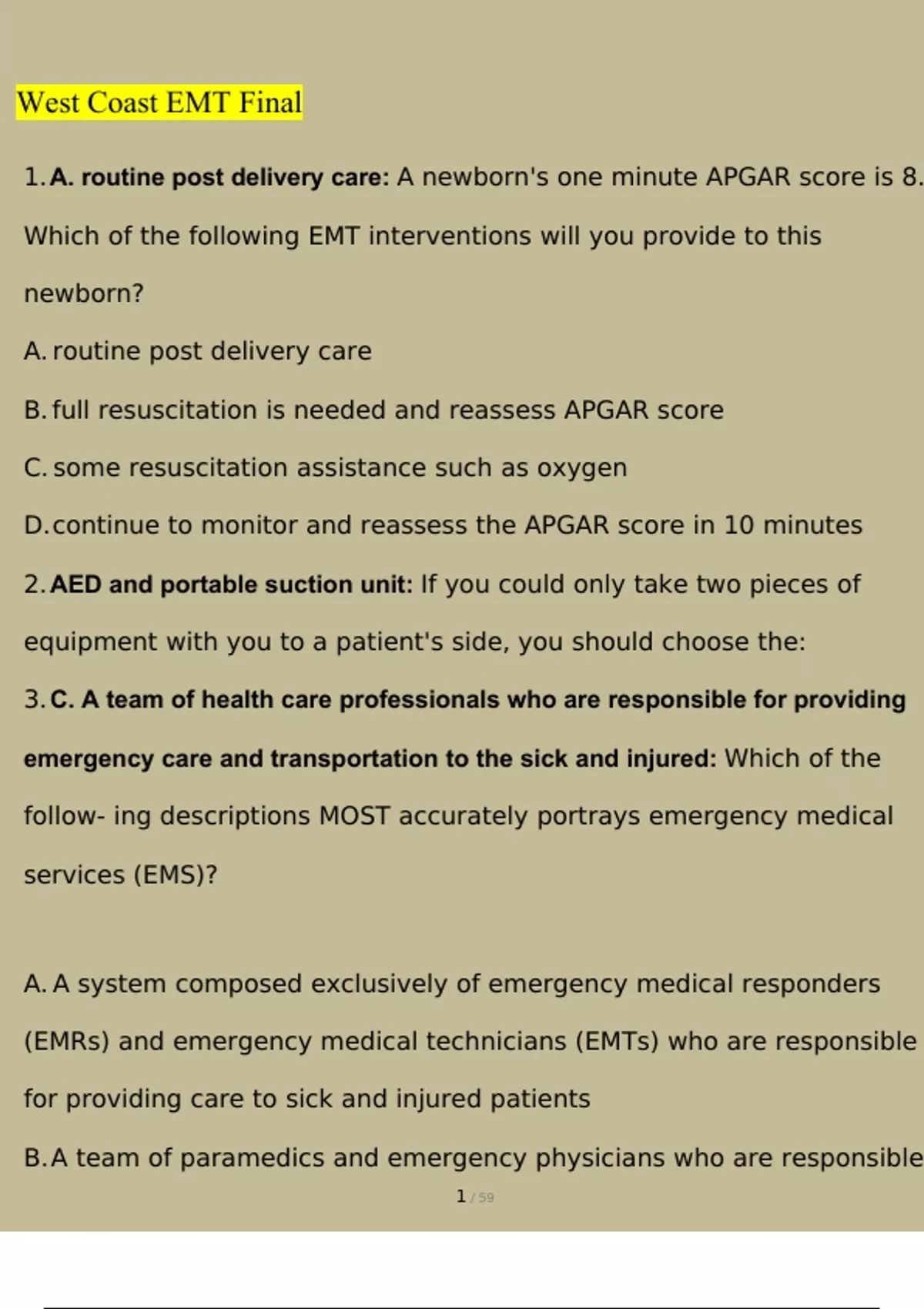 West Coast EMT Final Exam Questions And Answers 2023 2024 Verified