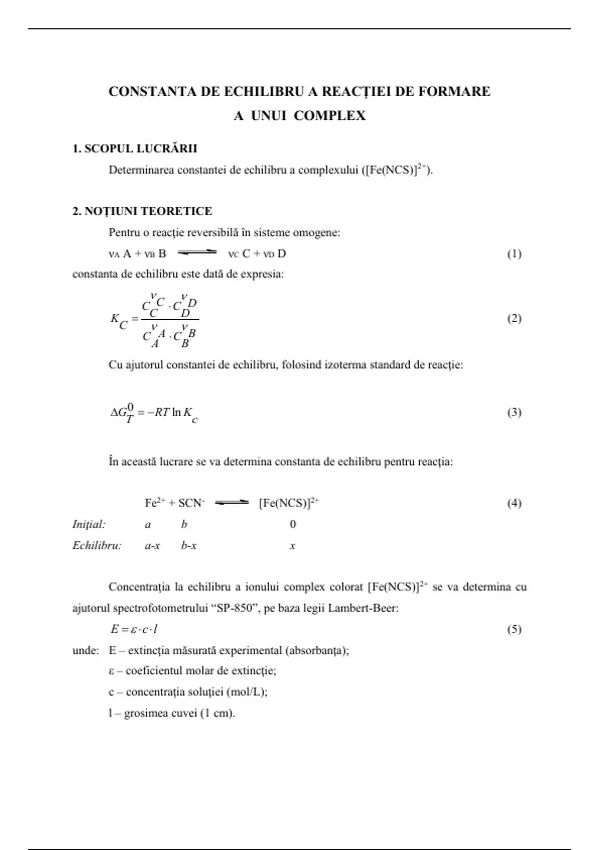 Chimie Fizica Si Coloidala Lucrare Practica Constanta De Echilibru