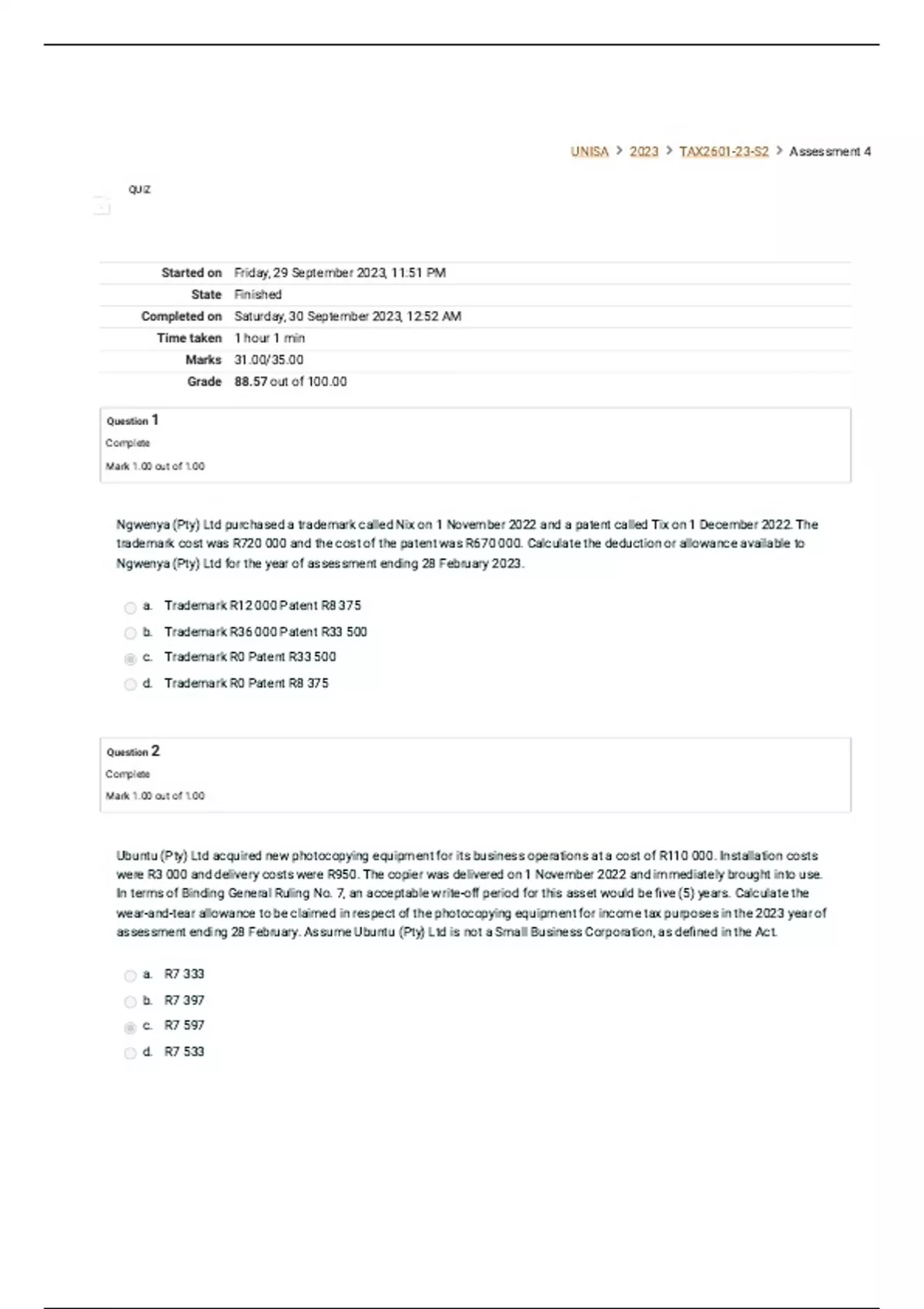 TAX2601 ASSIGNMENT 4 SEMESTER 2 2023 Principles Of Taxation TAX2601