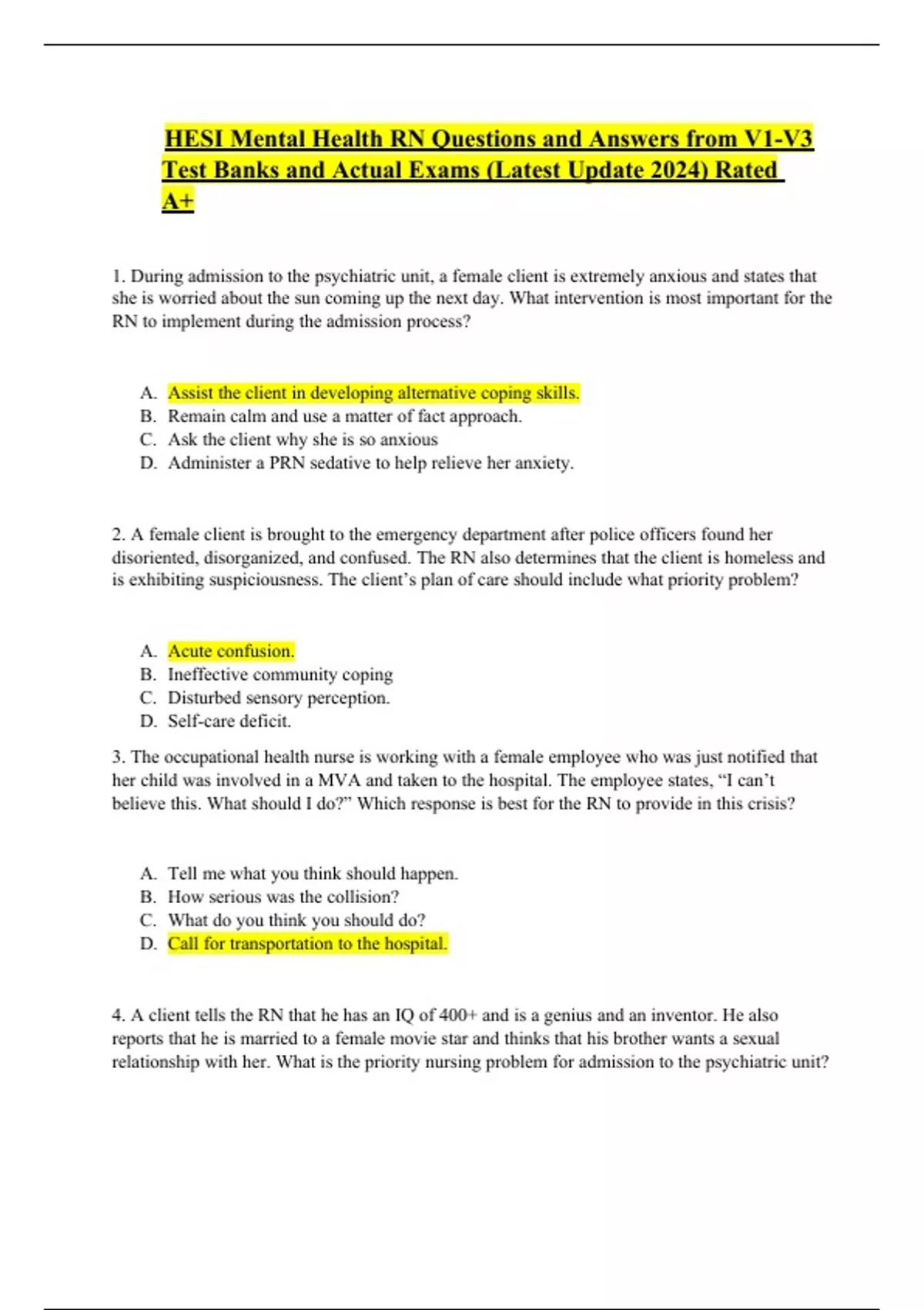 Hesi Mental Health Rn Questions And Answers From V V Test Banks And