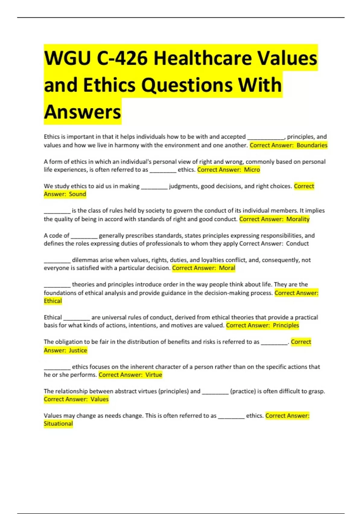 WGU C 426 Healthcare Values And Ethics Questions With Answers Nursing