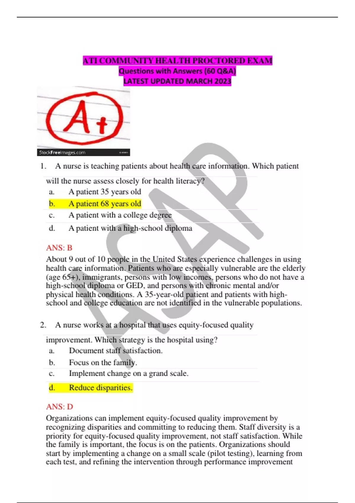 Ati Community Health Proctored Exam Questions With Answers Q A