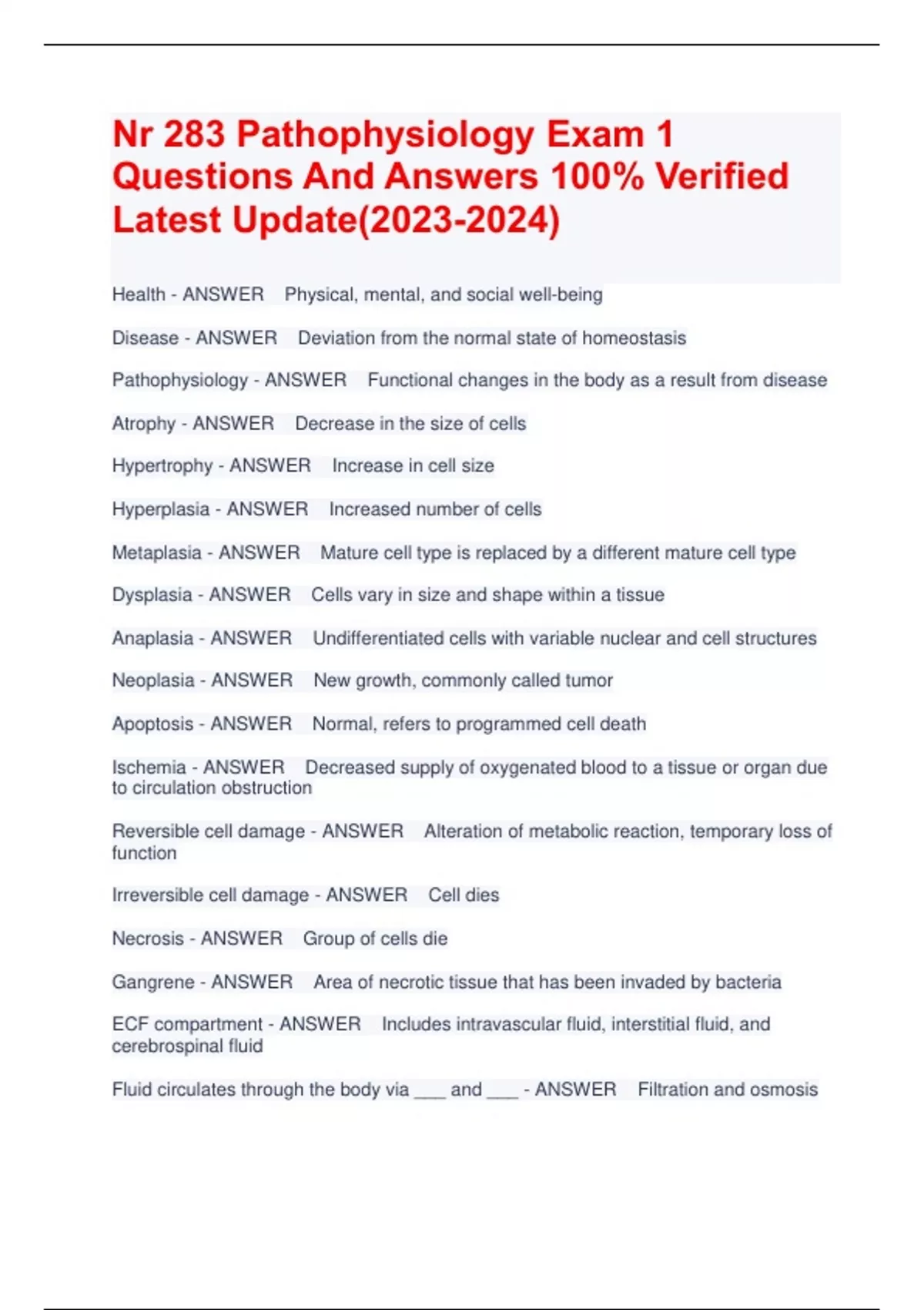 Nr Pathophysiology Exam Questions And Answers Verified