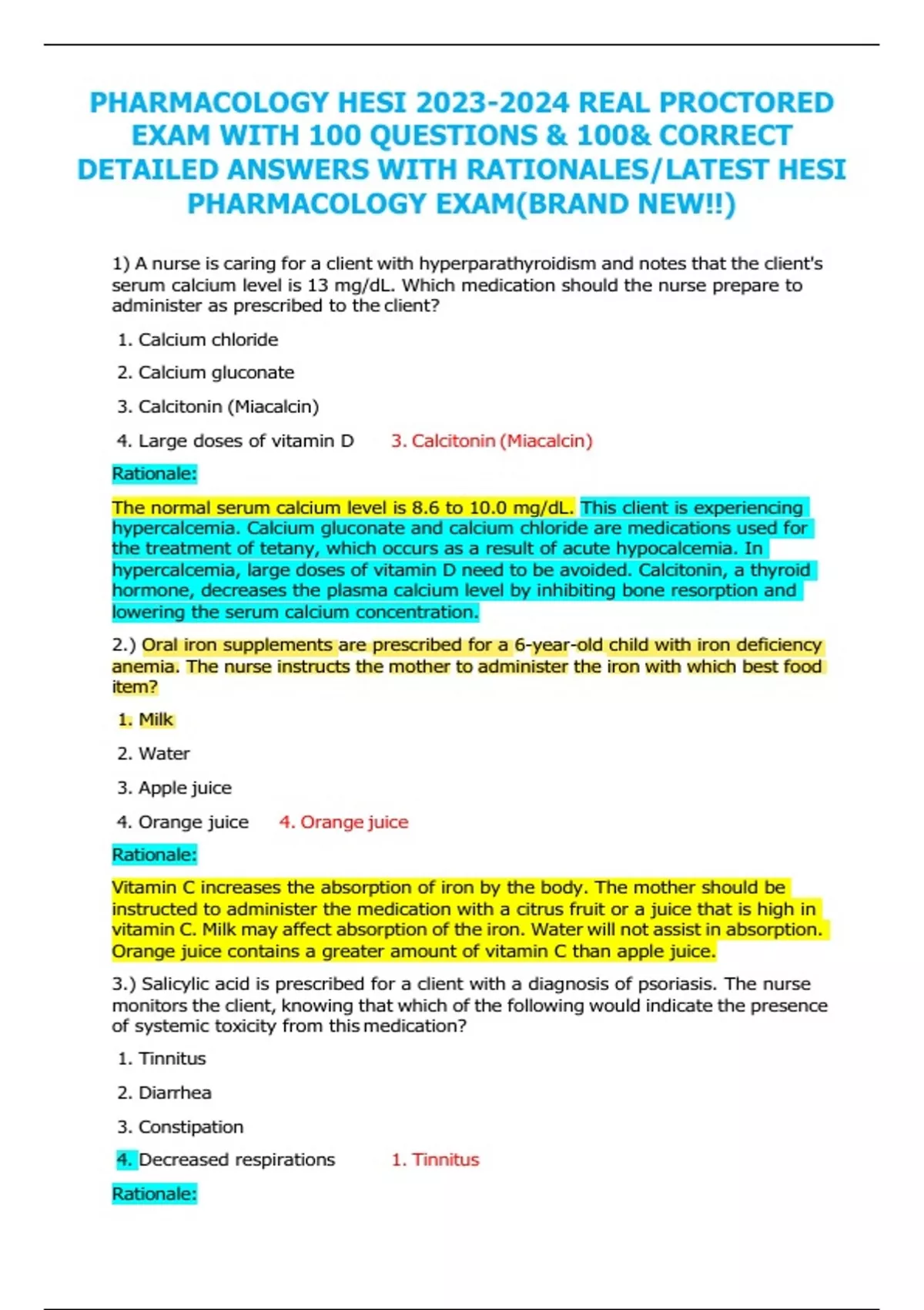 Pharmacology Hesi Real Proctored Exam With Questions Correct