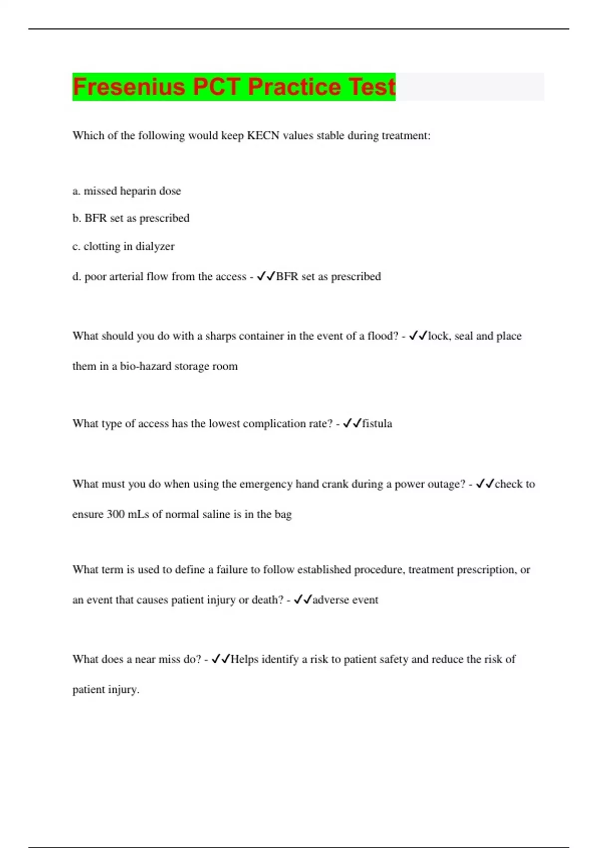 Fresenius Pct Practice Test Questions With Correct Answers