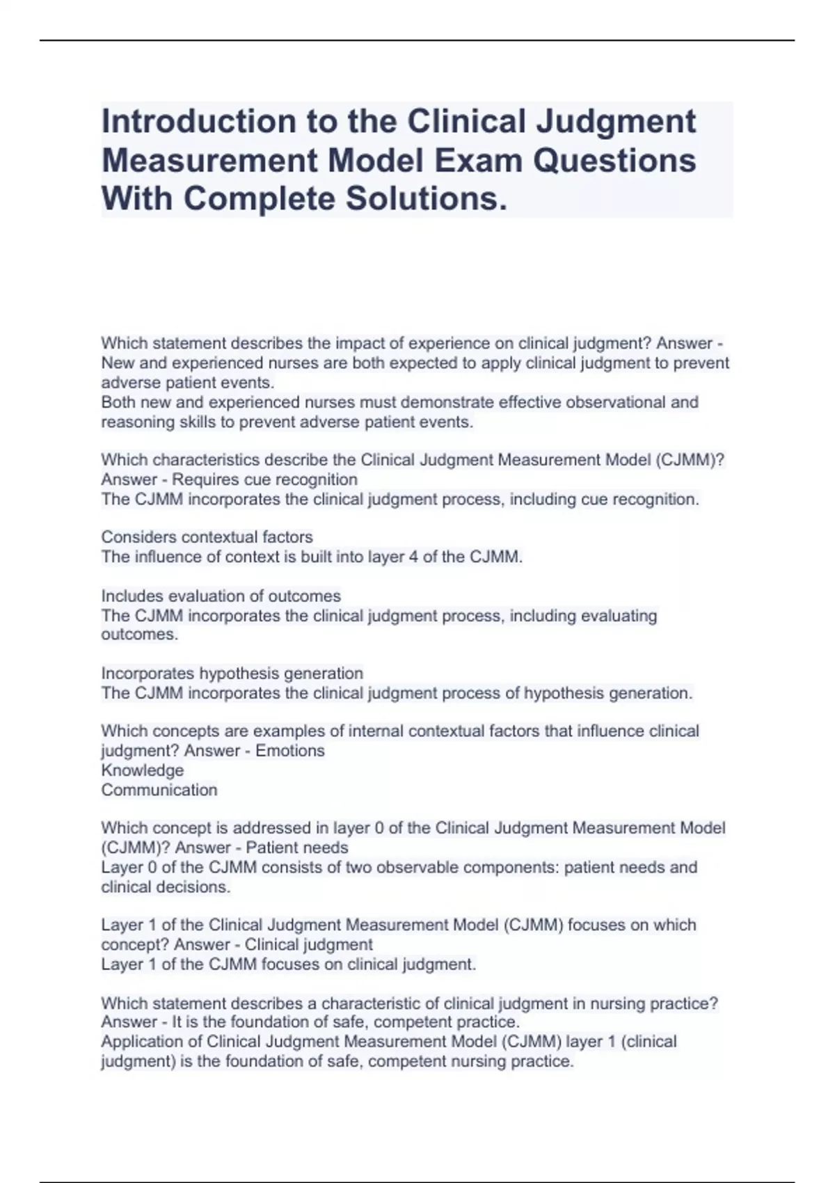 Introduction To The Clinical Judgment Measurement Model Exam Questions