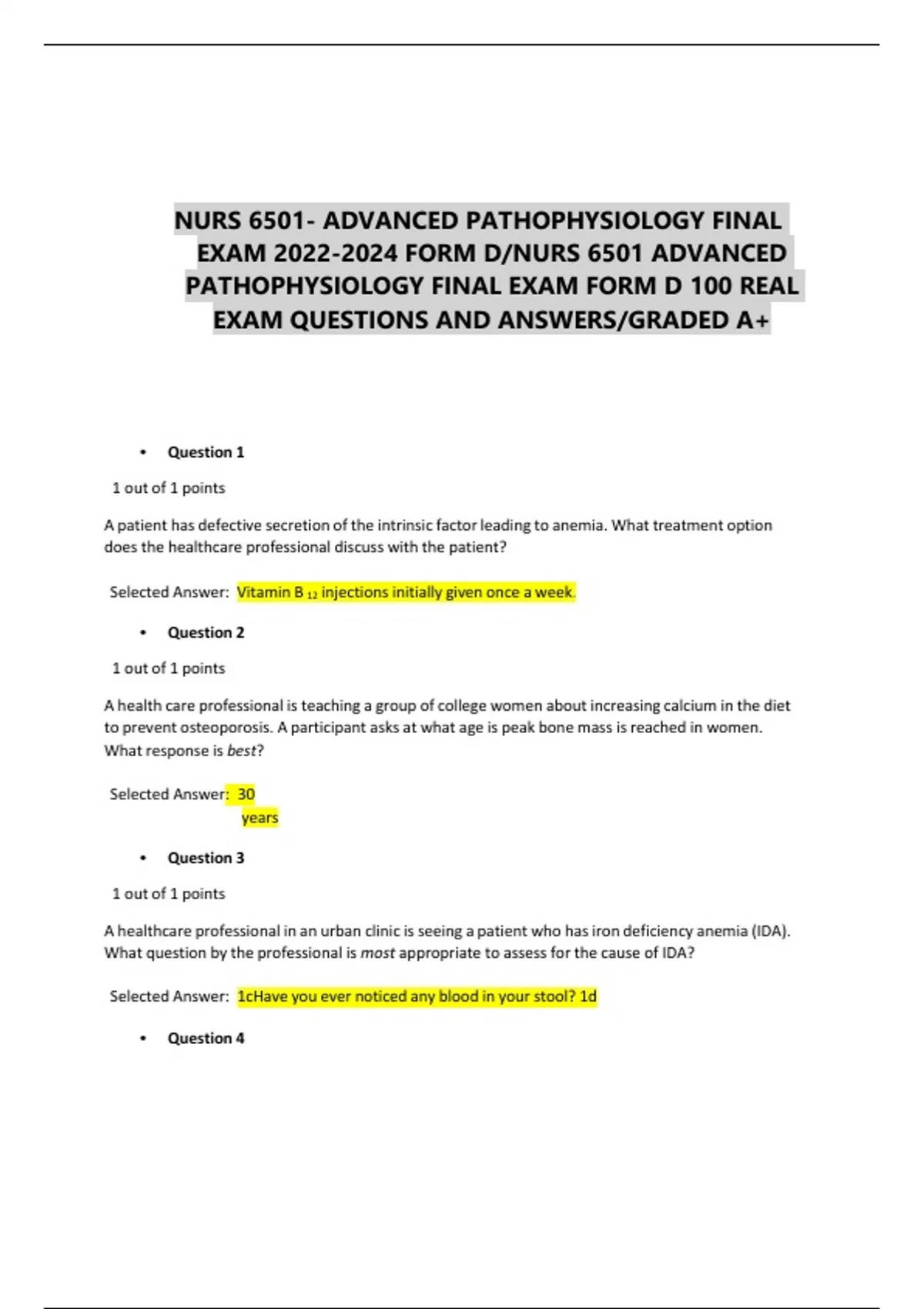 Nurs Advanced Pathophysiology Final Exam Form D Nurs