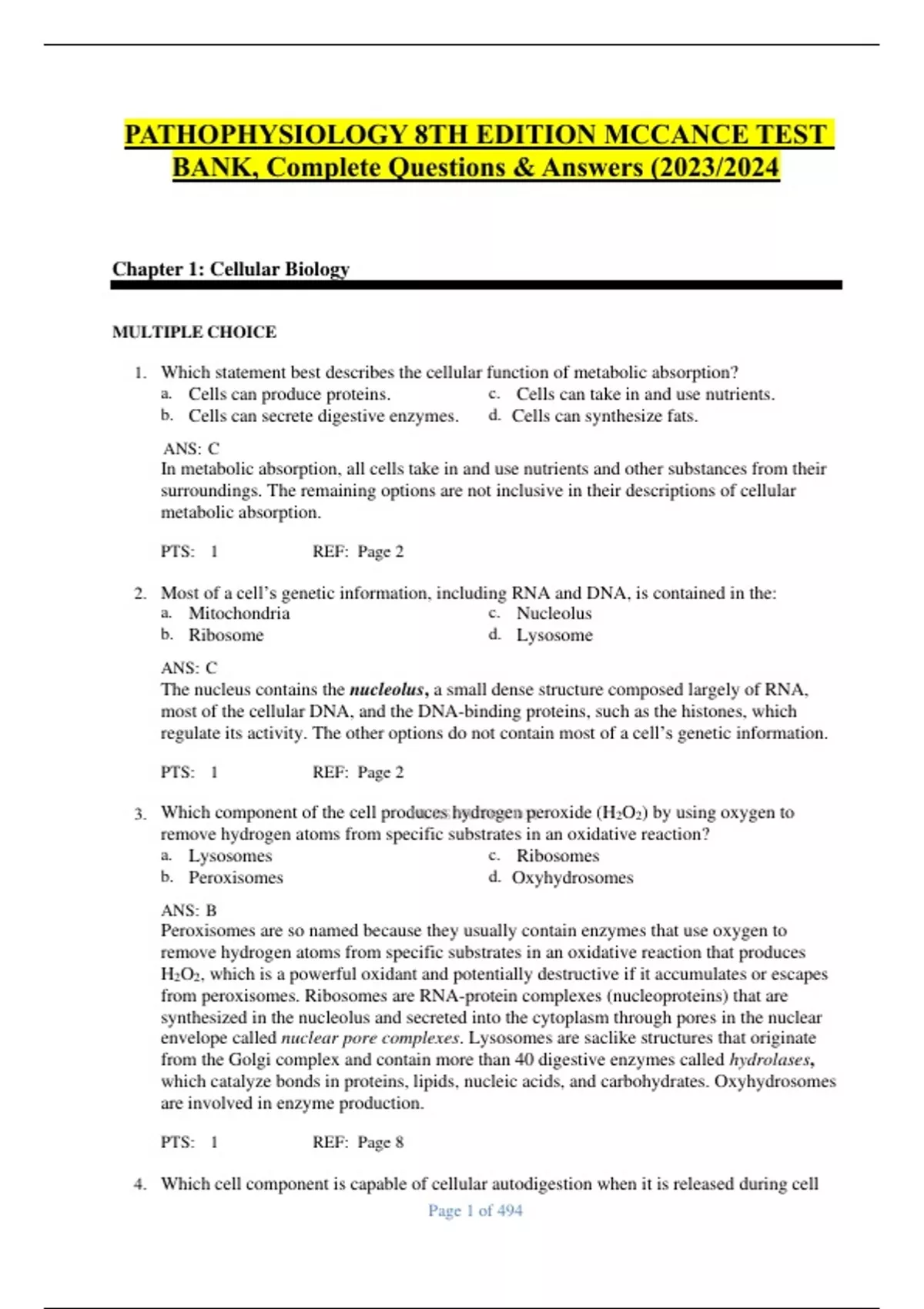 Pathophysiology Th Edition Mccance Test Bank Complete Questions